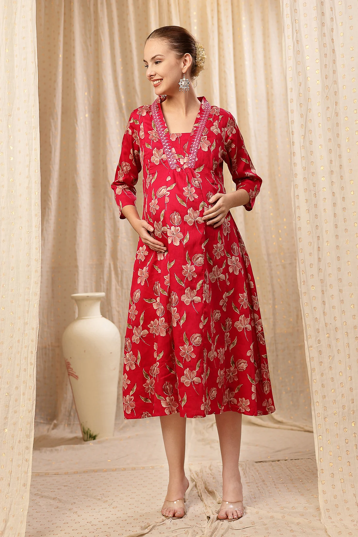 Embroidered Floral Foil Print Maternity & Nursing Kurta Set - Red - Image 4
