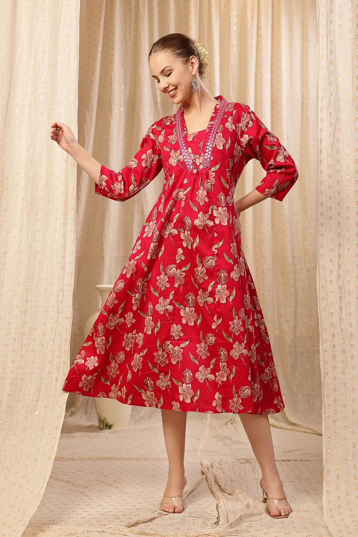 Embroidered Floral Foil Print Maternity & Nursing Kurta Set - Red - Image 6