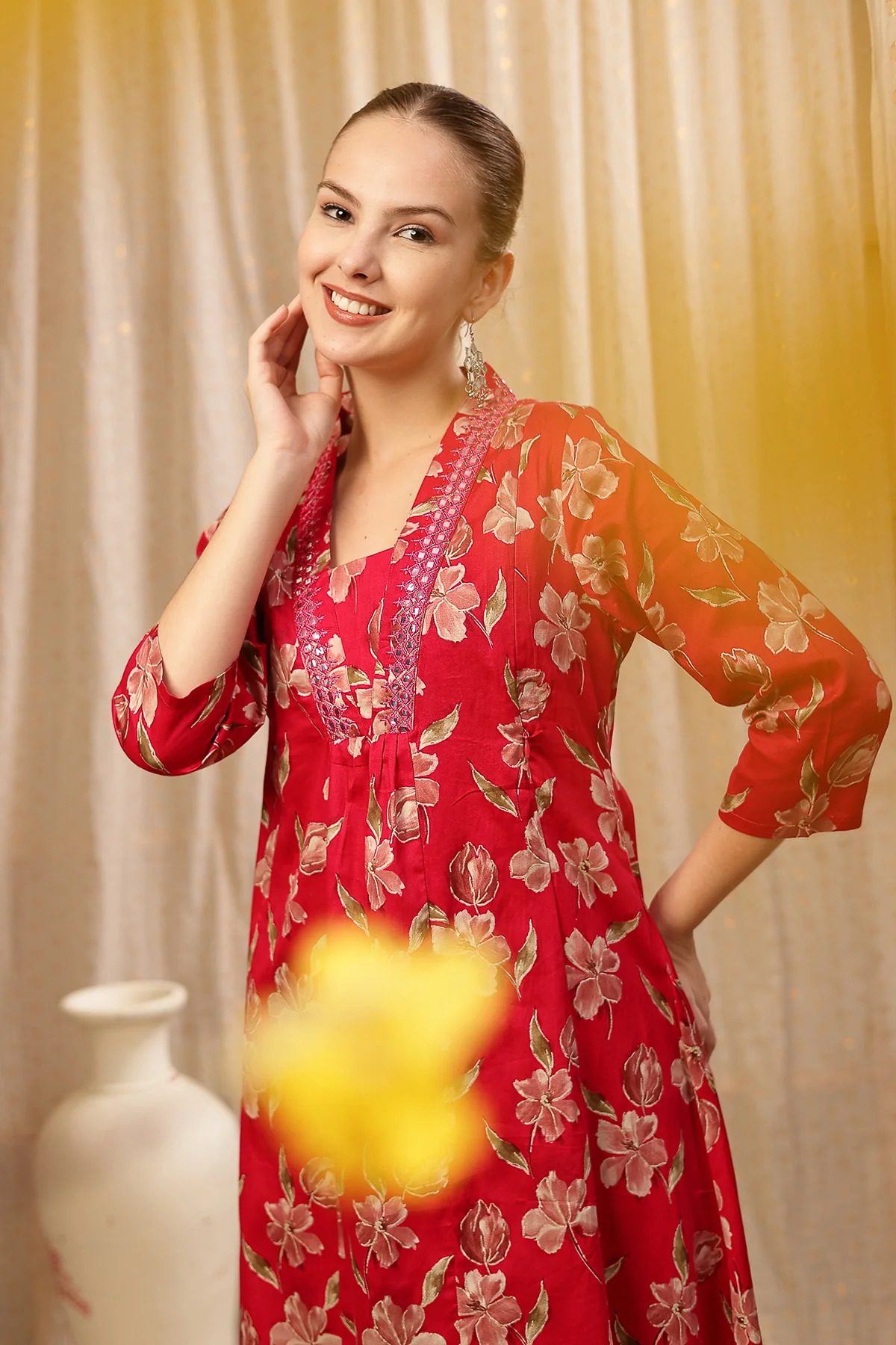 Embroidered Floral Foil Print Maternity & Nursing Kurta Set - Red - Image 7