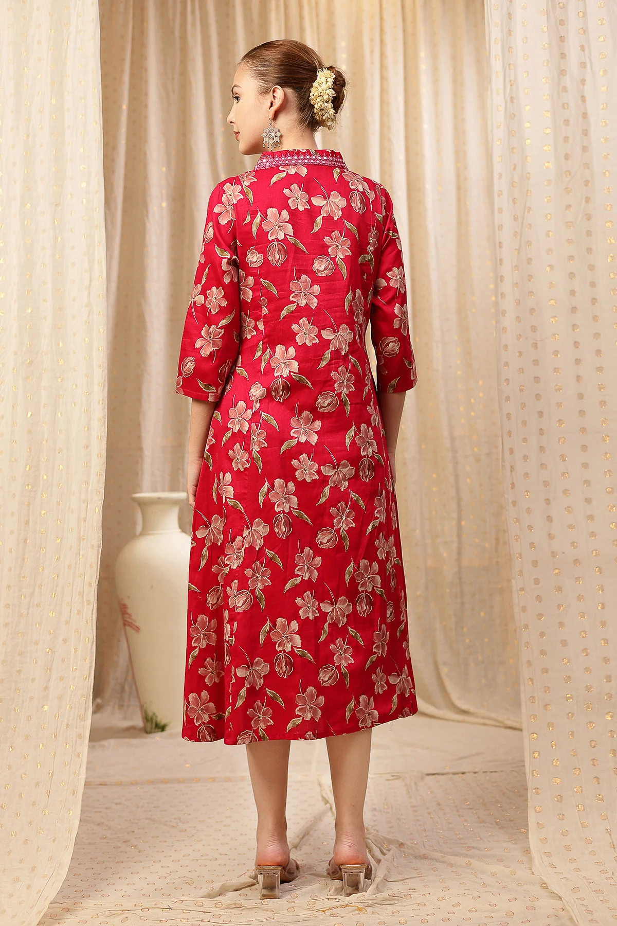 Embroidered Floral Foil Print Maternity & Nursing Kurta Set - Red - Image 8
