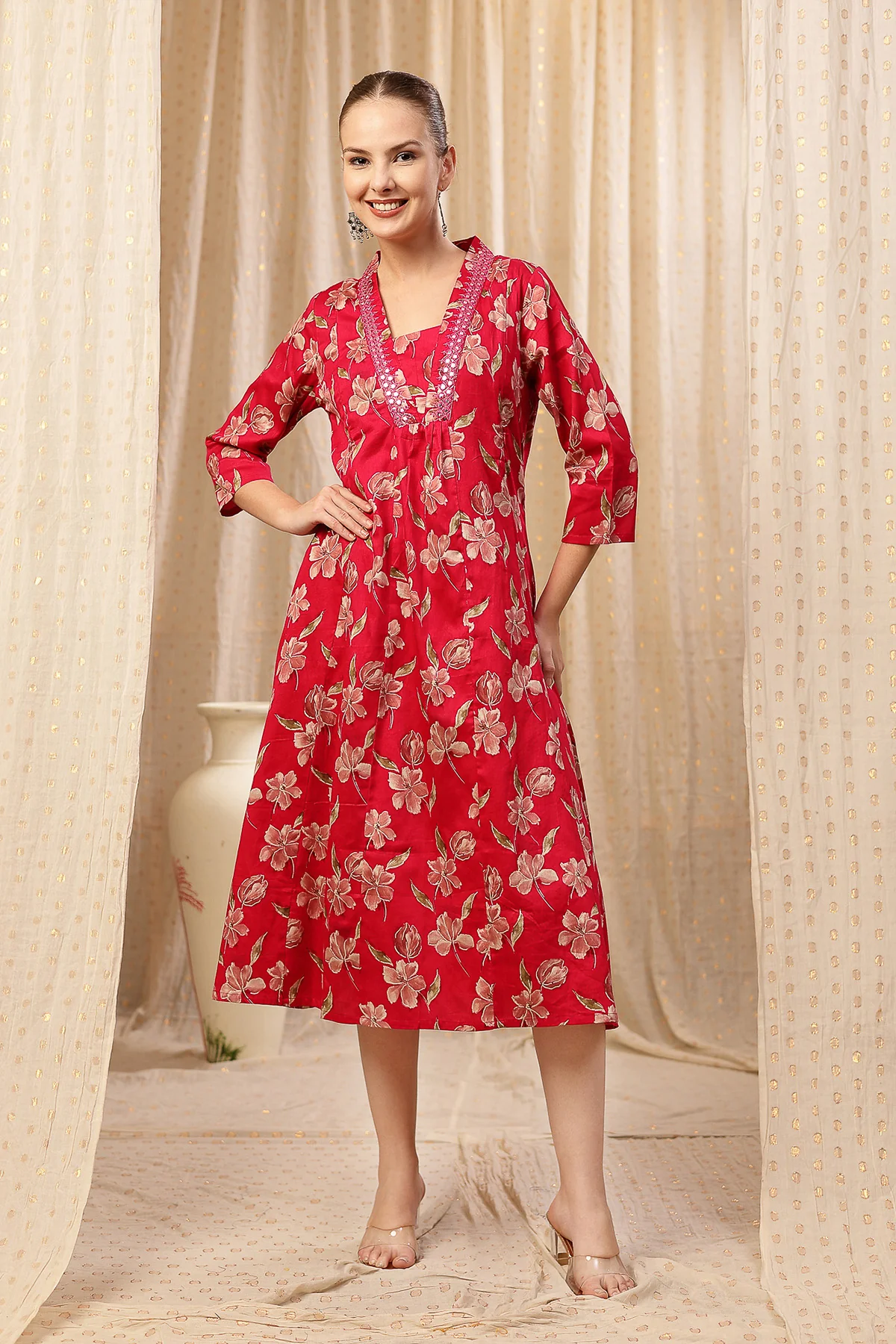 Embroidered Floral Foil Print Maternity & Nursing Kurta Set - Red - Image 9