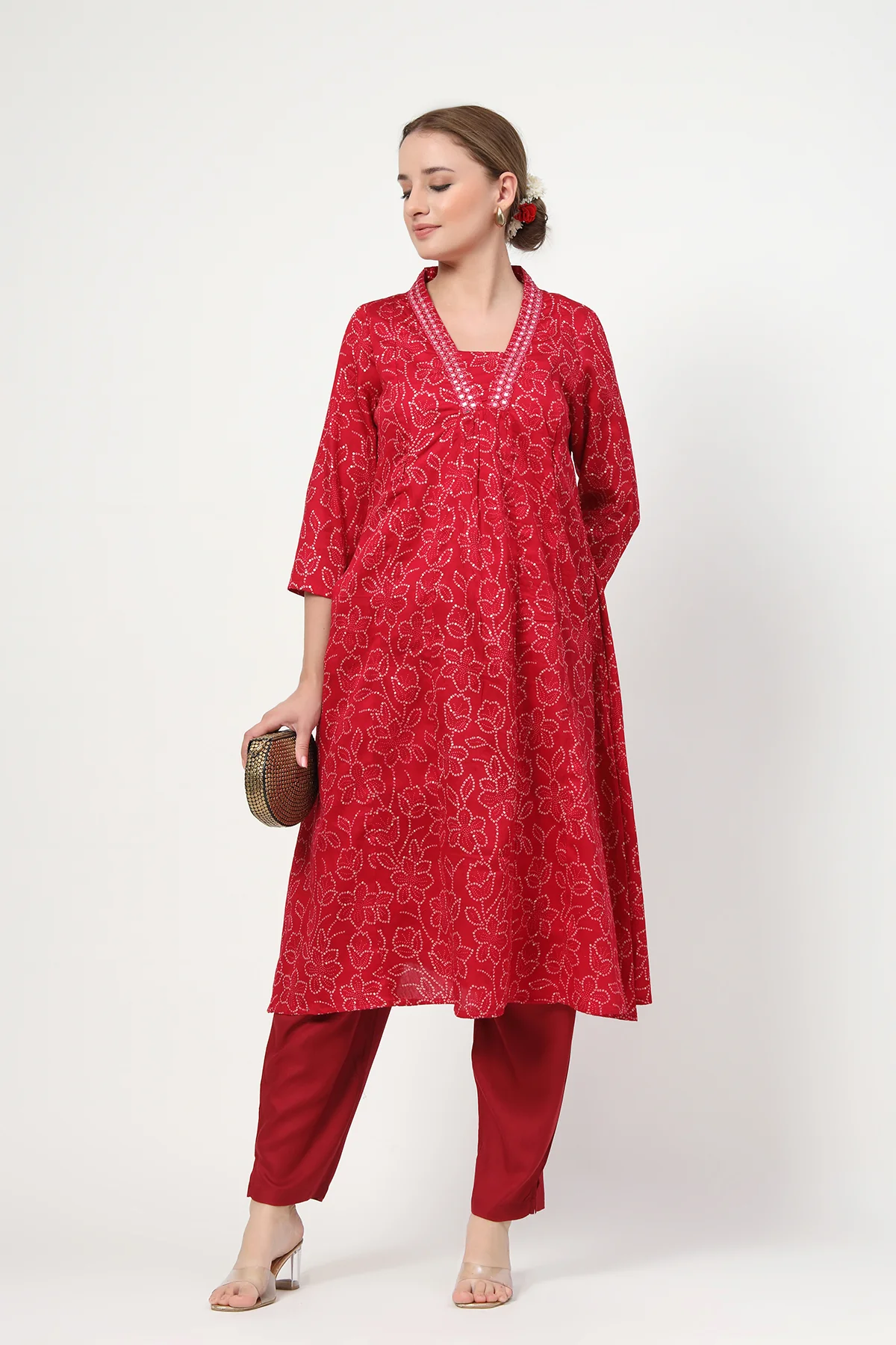 Embroidered Floral Foil Print Maternity & Nursing Kurta Set - Rani Pink - Image 10