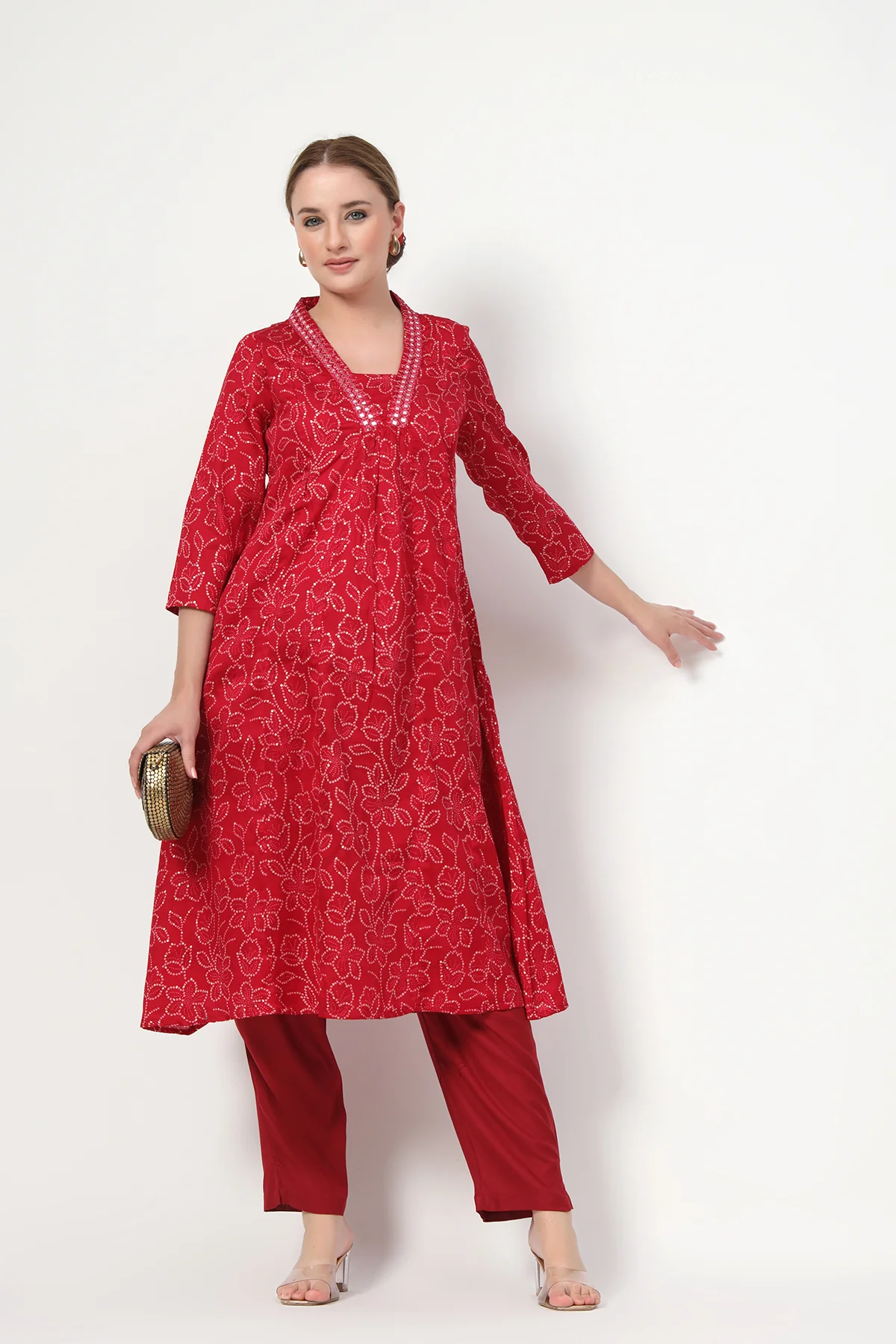 Embroidered Floral Foil Print Maternity & Nursing Kurta Set - Rani Pink - Image 11