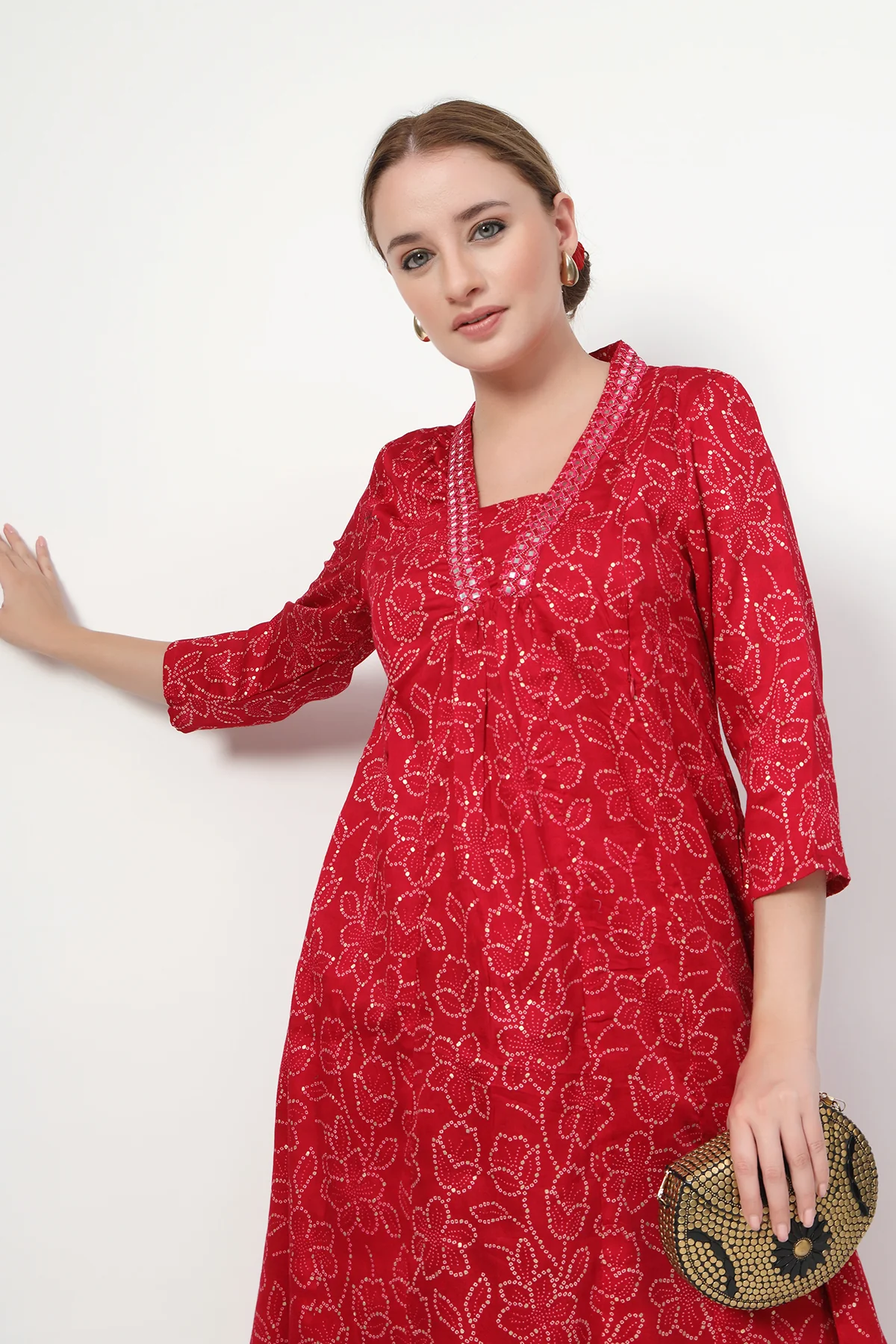 Embroidered Floral Foil Print Maternity & Nursing Kurta Set - Rani Pink - Image 12