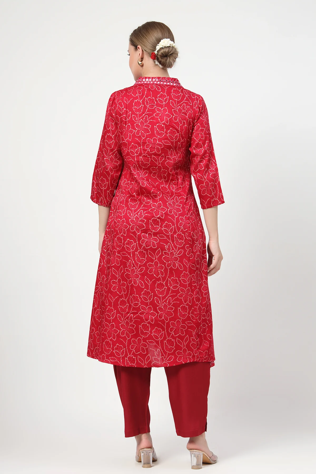 Embroidered Floral Foil Print Maternity & Nursing Kurta Set - Rani Pink - Image 3