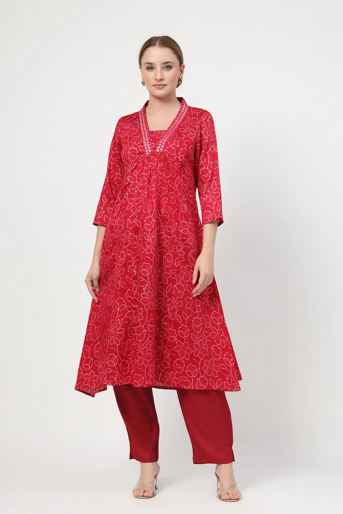 Embroidered Floral Foil Print Maternity & Nursing Kurta Set - Rani Pink - Image 5
