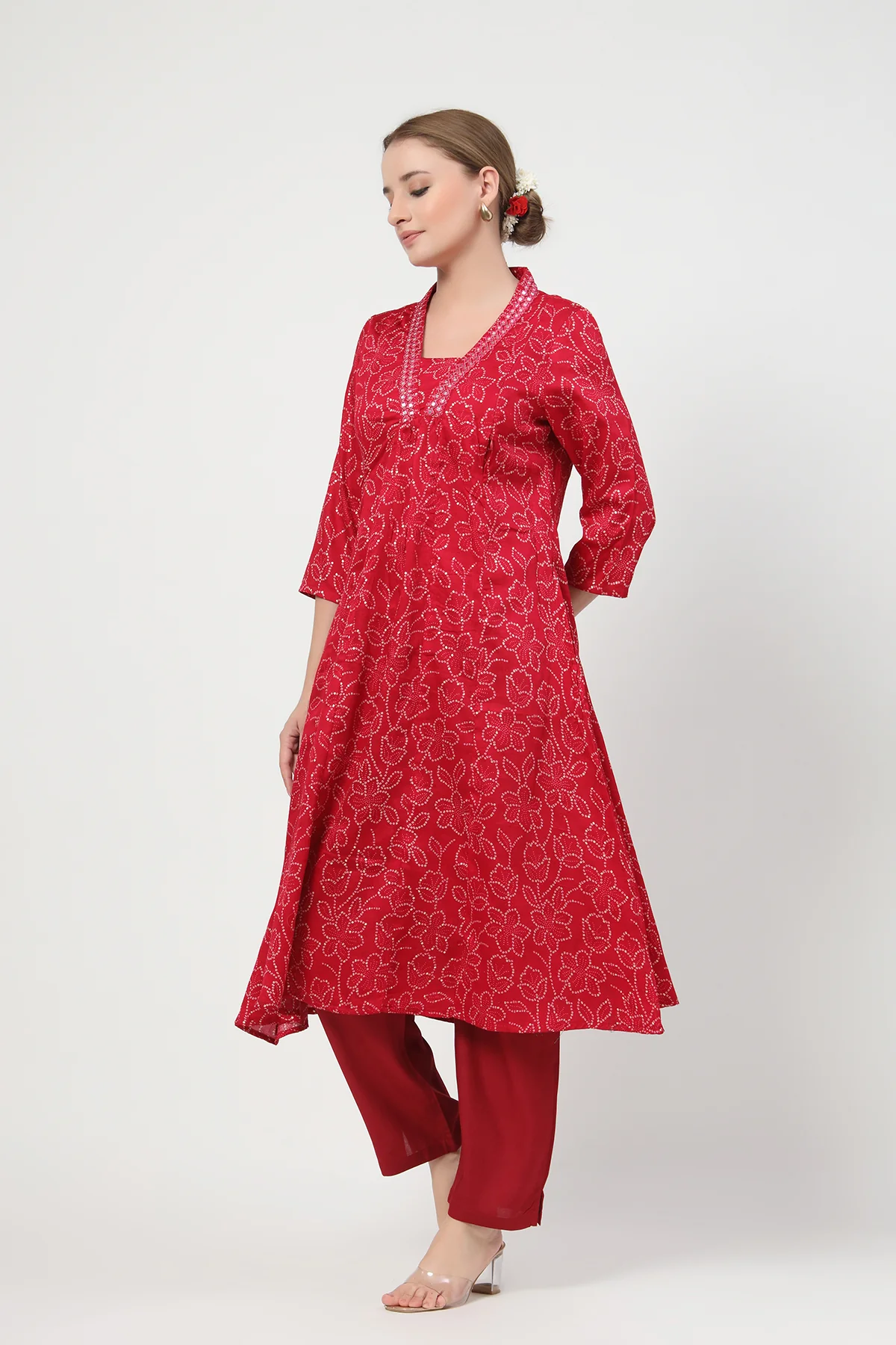 Embroidered Floral Foil Print Maternity & Nursing Kurta Set - Rani Pink - Image 6