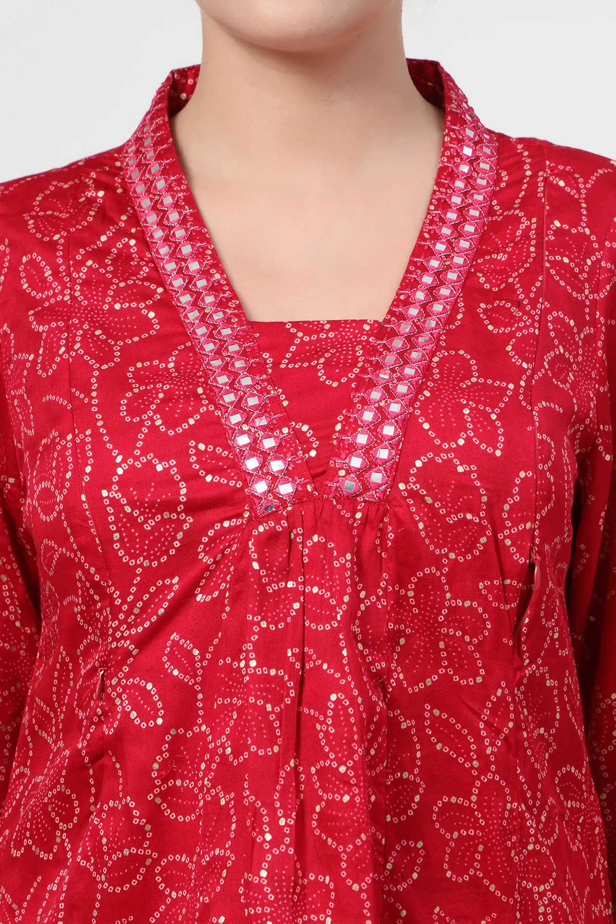 Embroidered Floral Foil Print Maternity & Nursing Kurta Set - Rani Pink - Image 7