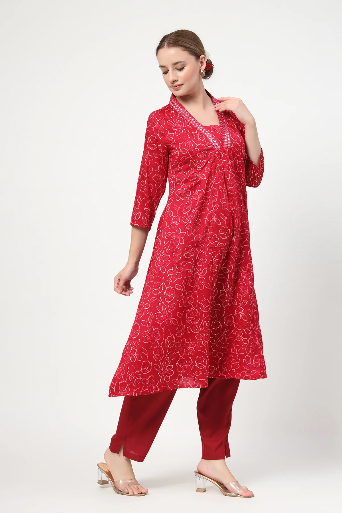 Embroidered Floral Foil Print Maternity & Nursing Kurta Set - Rani Pink - Image 8