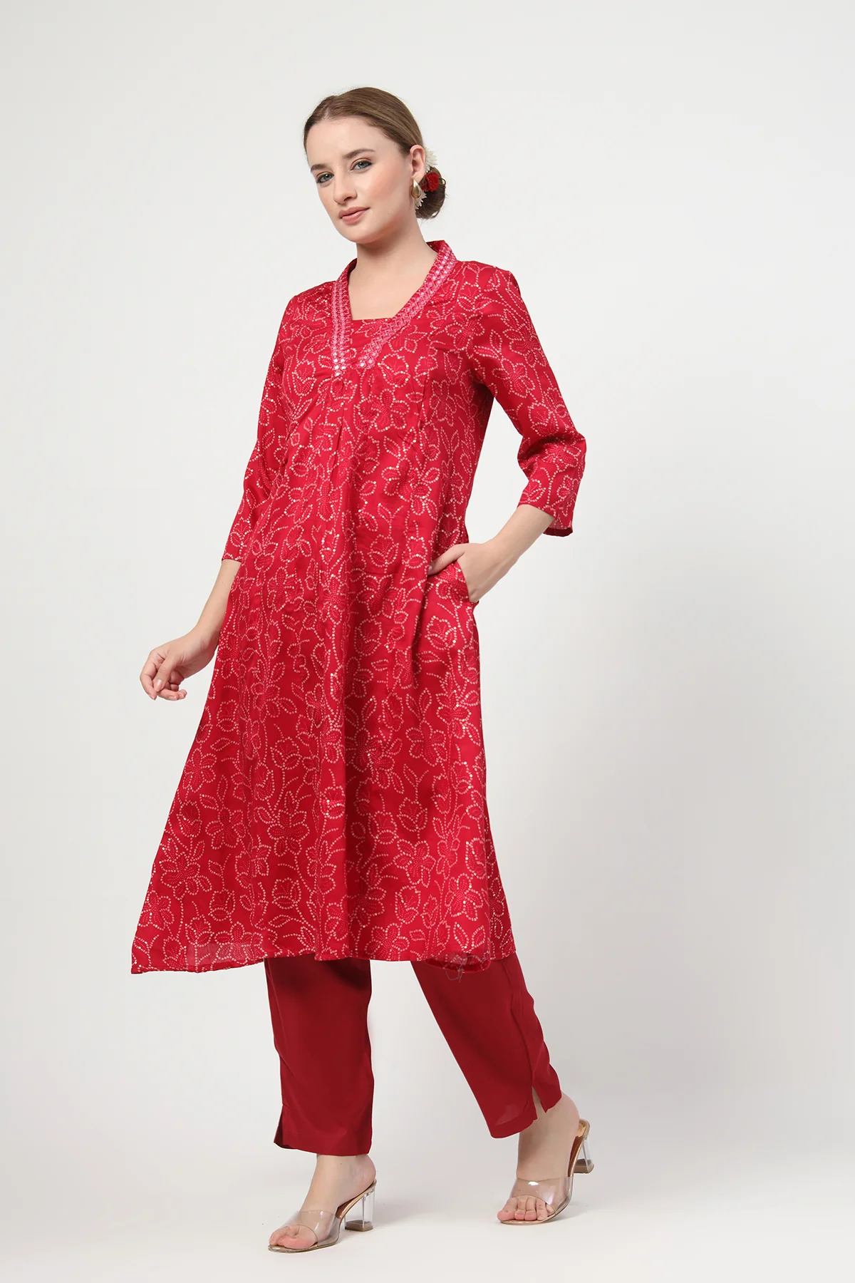 Embroidered Floral Foil Print Maternity & Nursing Kurta Set - Rani Pink - Image 9