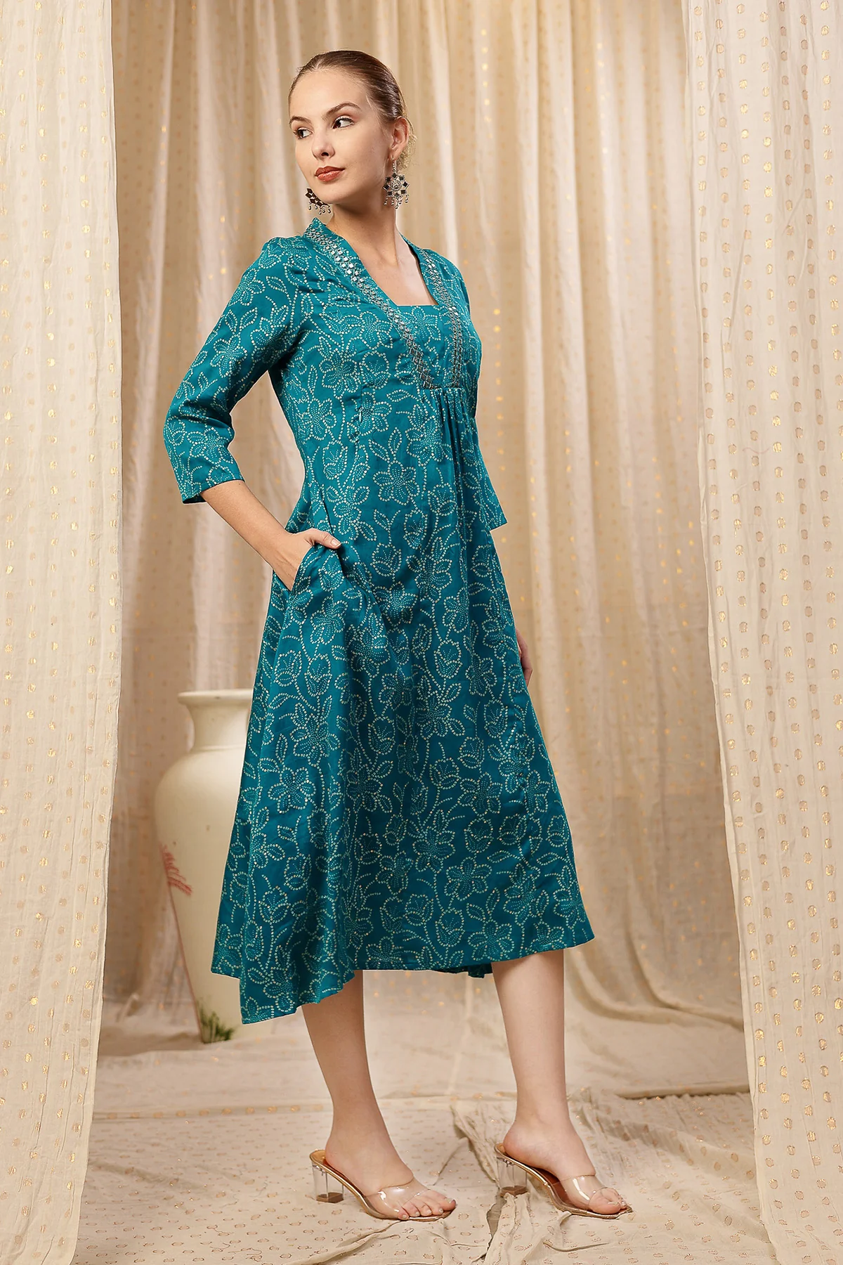 Embroidered Floral Foil Print Maternity & Nursing Kurta Set - Teal Blue - Image 10