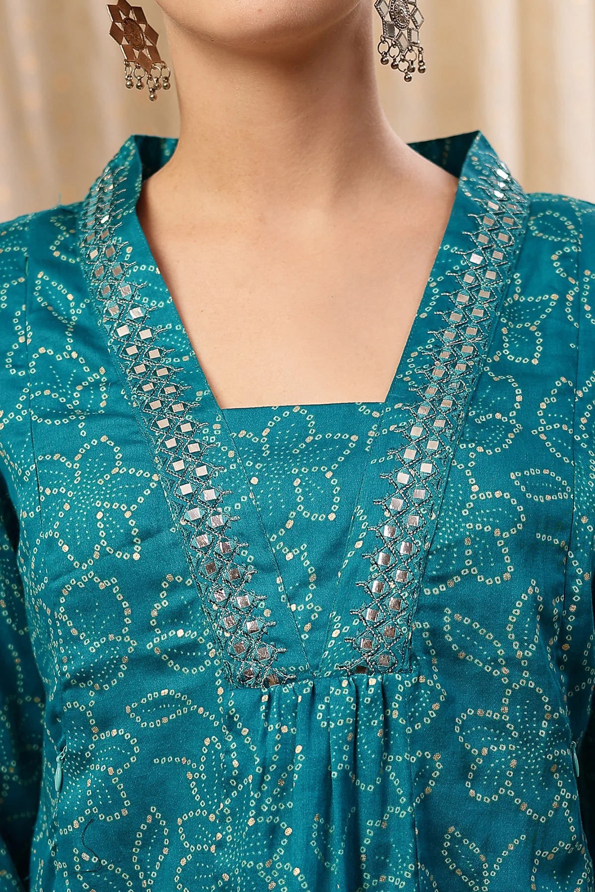 Embroidered Floral Foil Print Maternity & Nursing Kurta Set - Teal Blue - Image 11