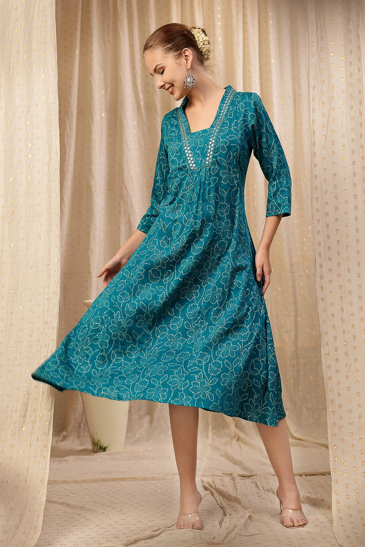 Embroidered Floral Foil Print Maternity & Nursing Kurta Set - Teal Blue - Image 12