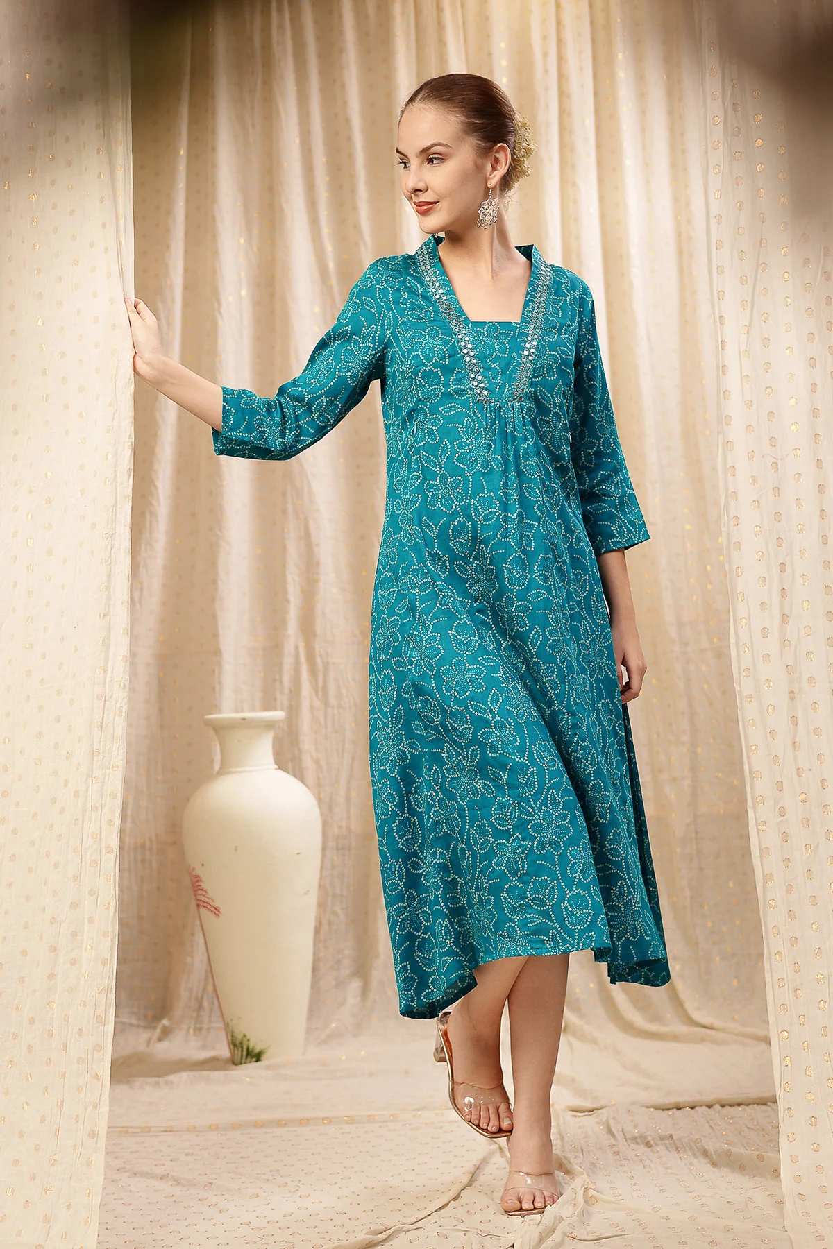 Embroidered Floral Foil Print Maternity & Nursing Kurta Set - Teal Blue - Image 13