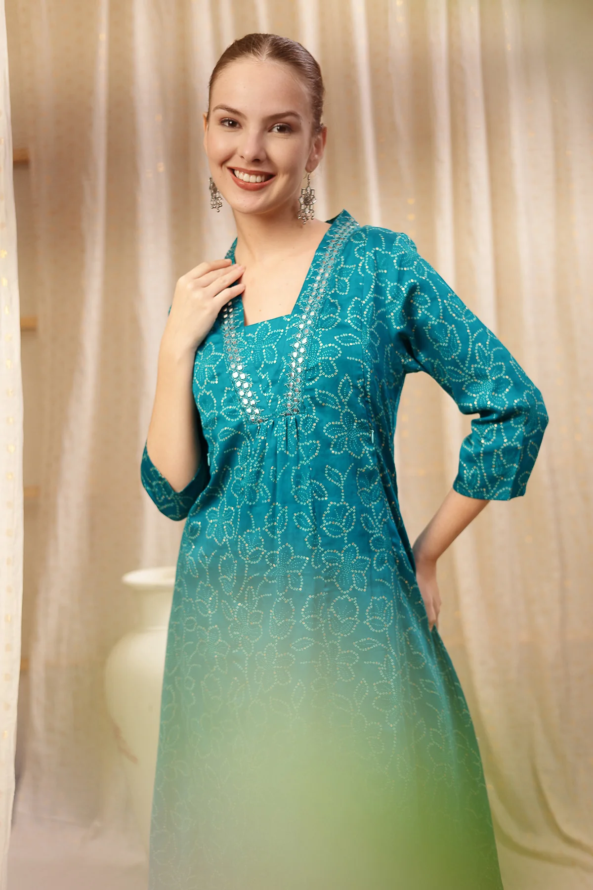Embroidered Floral Foil Print Maternity & Nursing Kurta Set - Teal Blue - Image 14