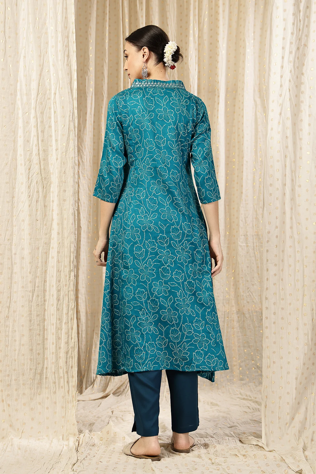Embroidered Floral Foil Print Maternity & Nursing Kurta Set - Teal Blue - Image 3