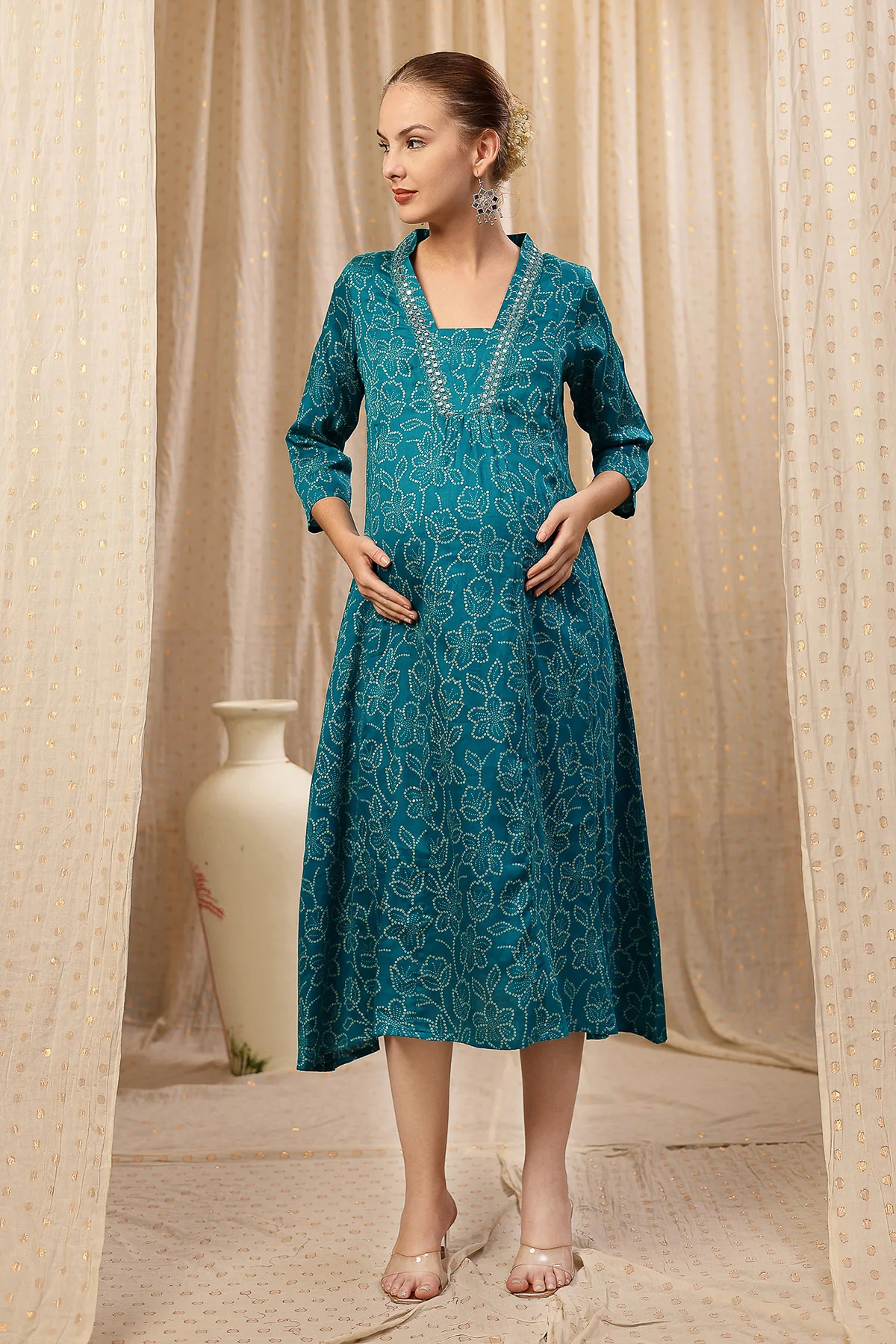 Embroidered Floral Foil Print Maternity & Nursing Kurta Set - Teal Blue - Image 4