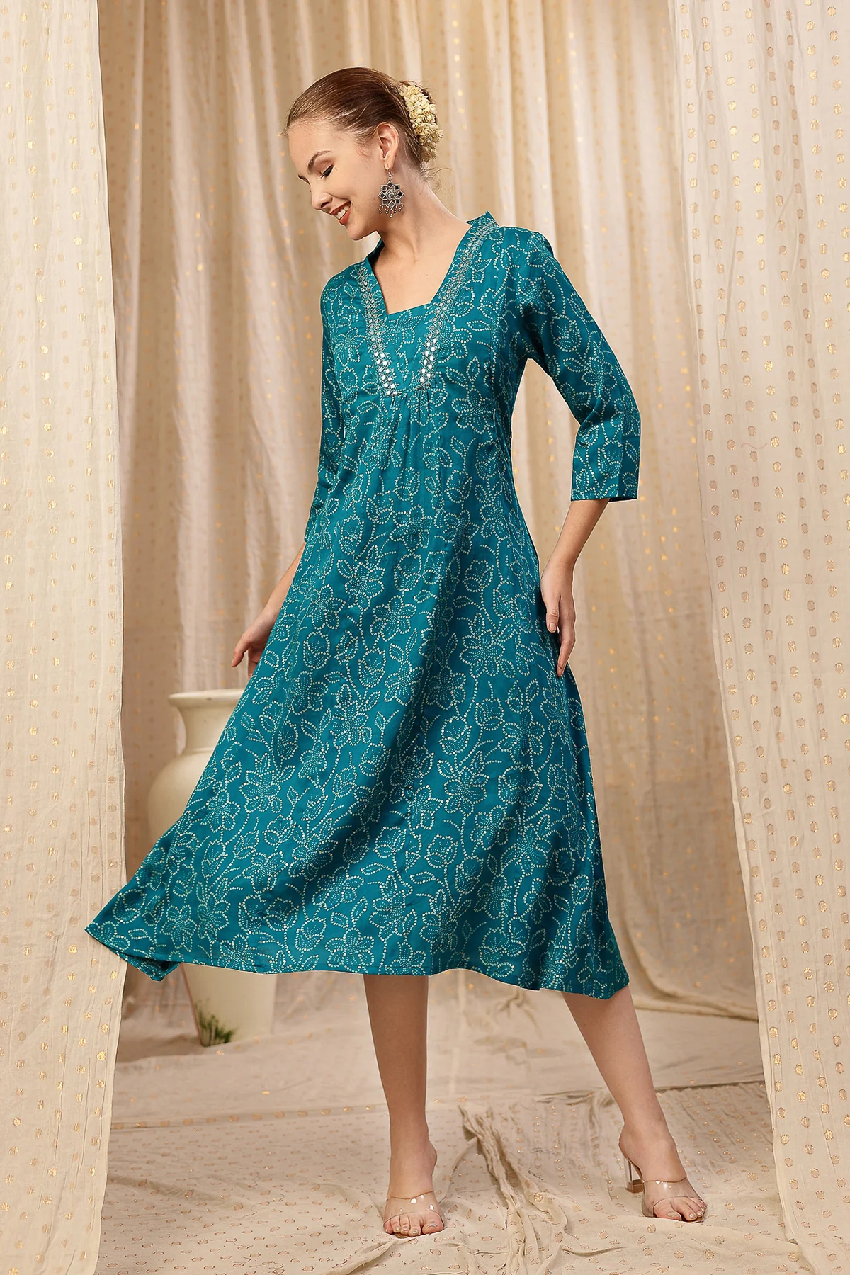 Embroidered Floral Foil Print Maternity & Nursing Kurta Set - Teal Blue - Image 5