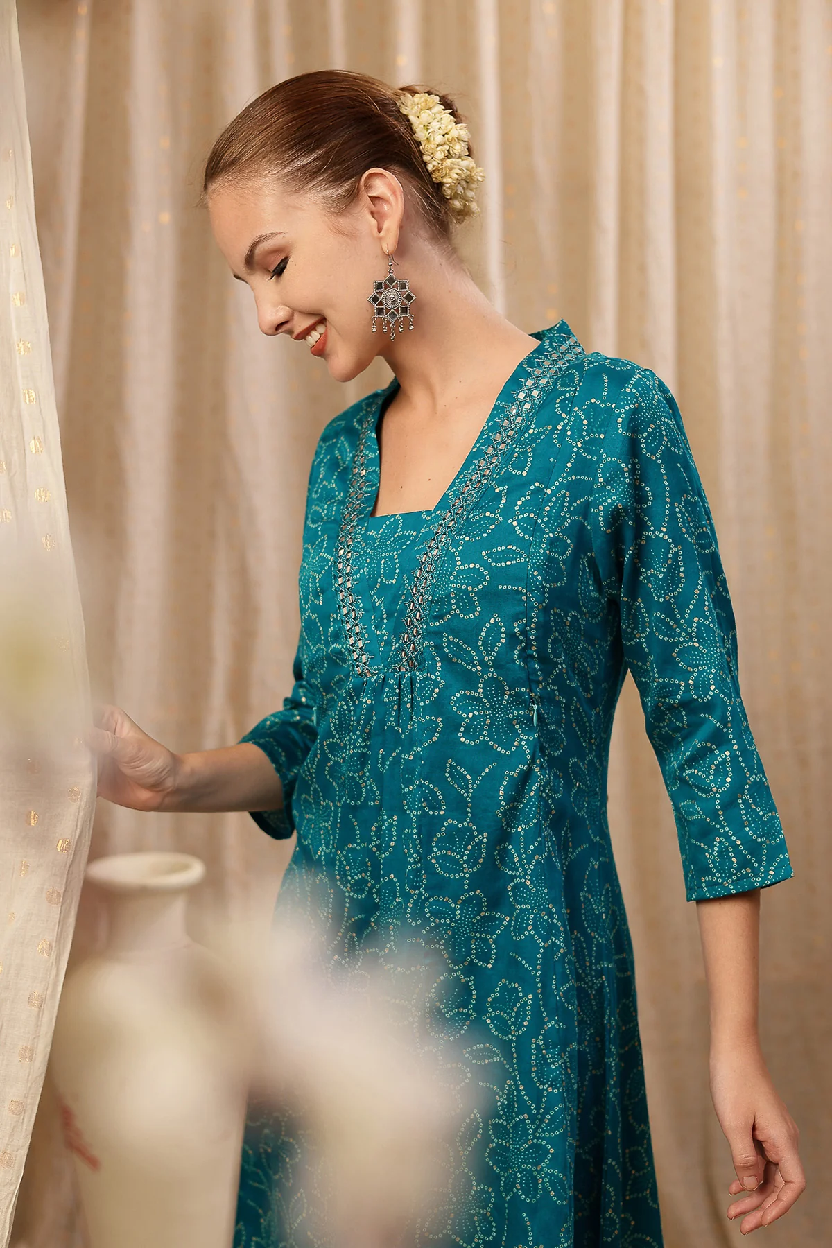 Embroidered Floral Foil Print Maternity & Nursing Kurta Set - Teal Blue - Image 7