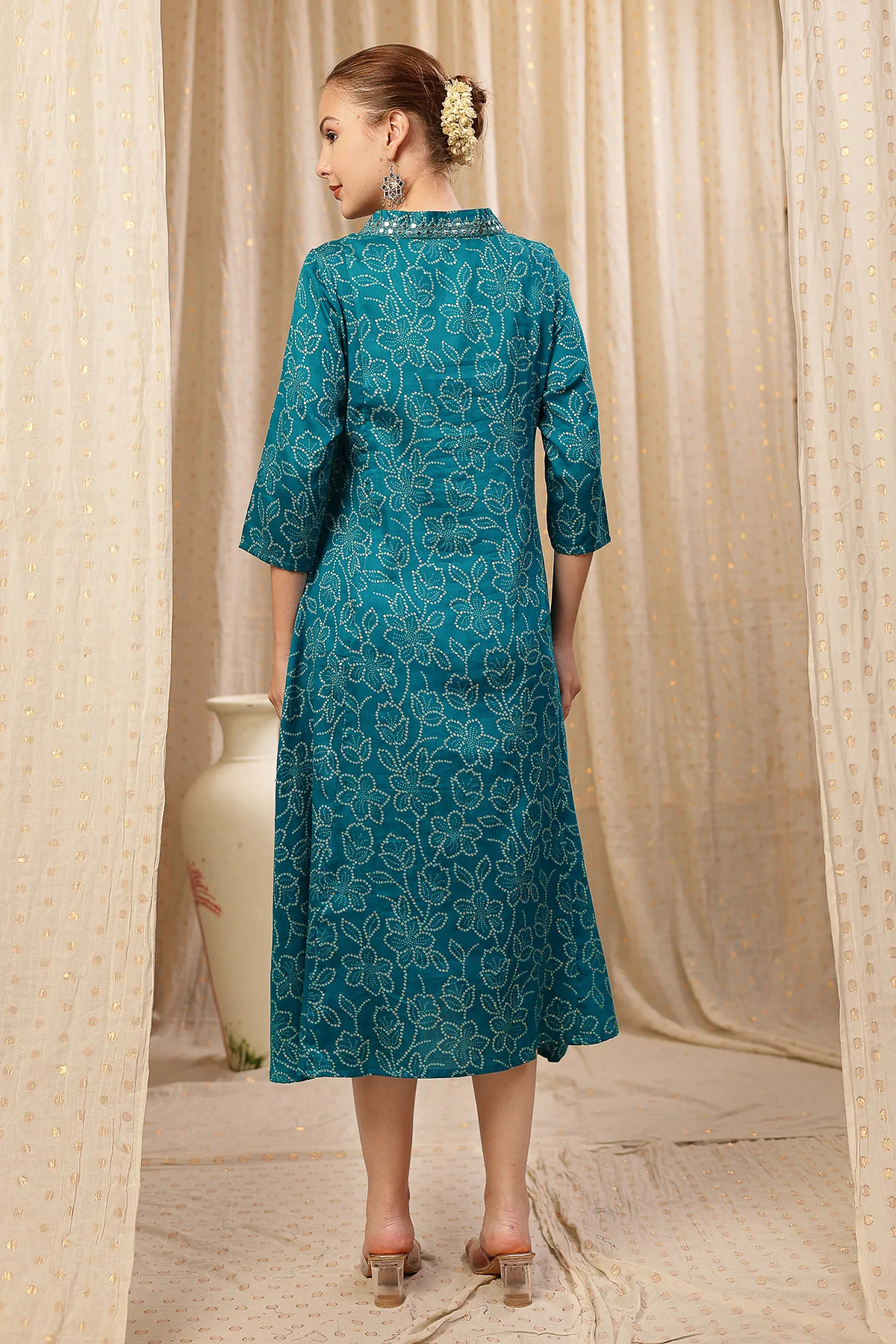 Embroidered Floral Foil Print Maternity & Nursing Kurta Set - Teal Blue - Image 8