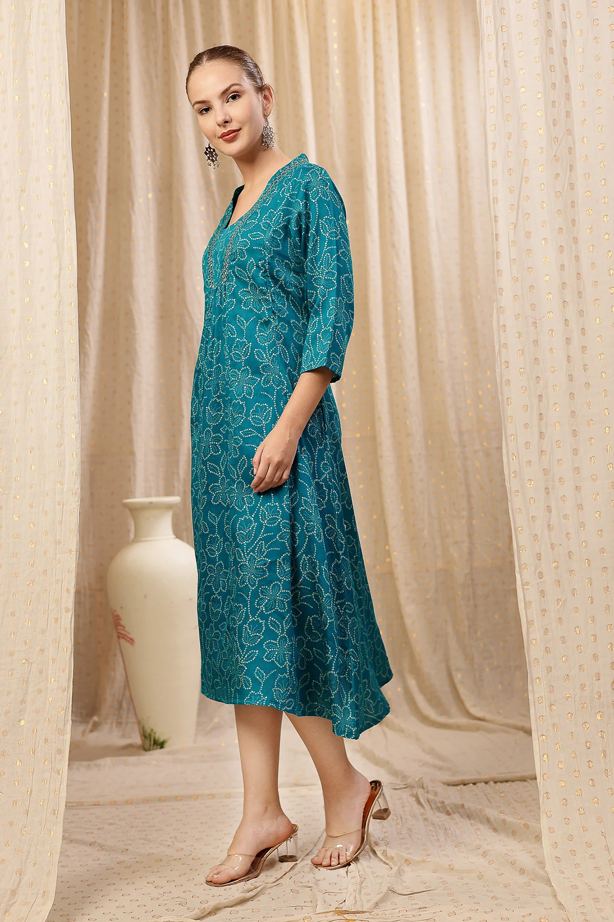 Embroidered Floral Foil Print Maternity & Nursing Kurta Set - Teal Blue - Image 9
