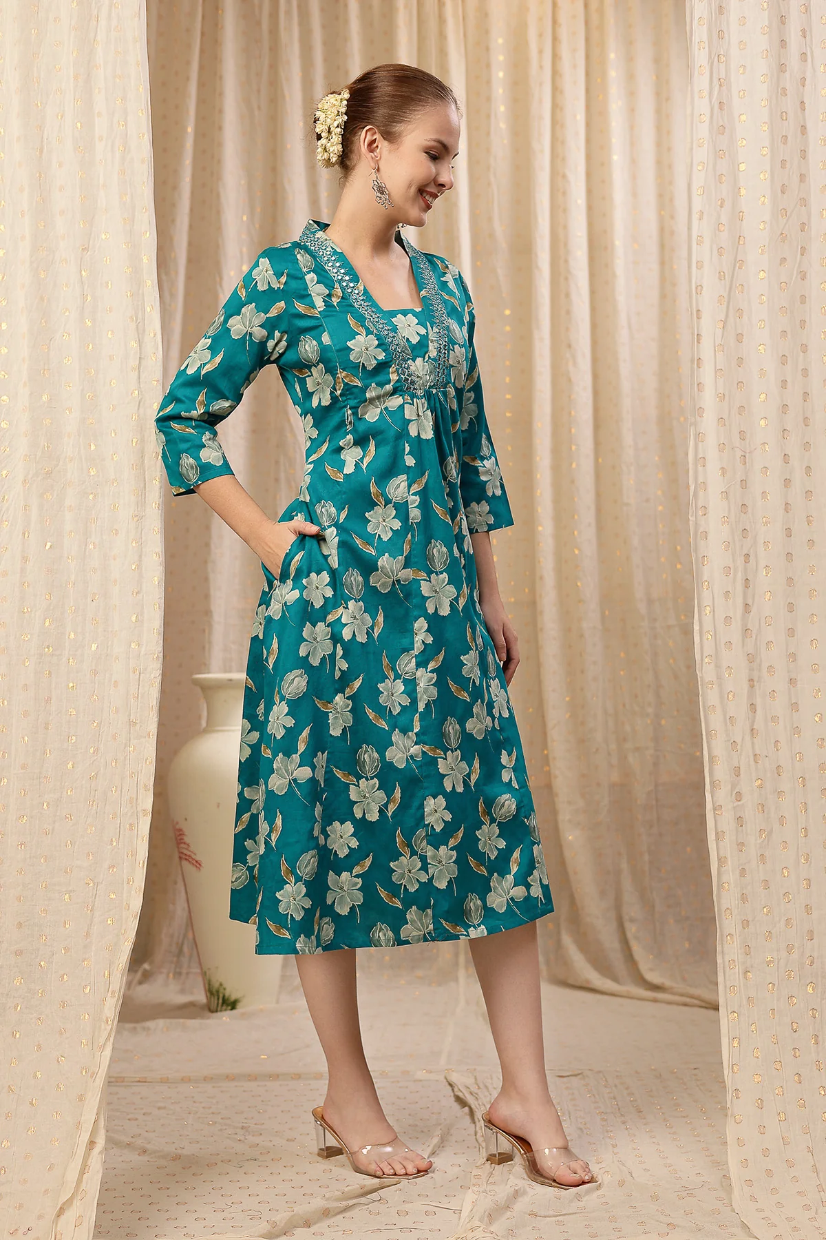 Embroidered Floral Foil Print Maternity & Nursing Kurta Set - Teal Green - Image 10