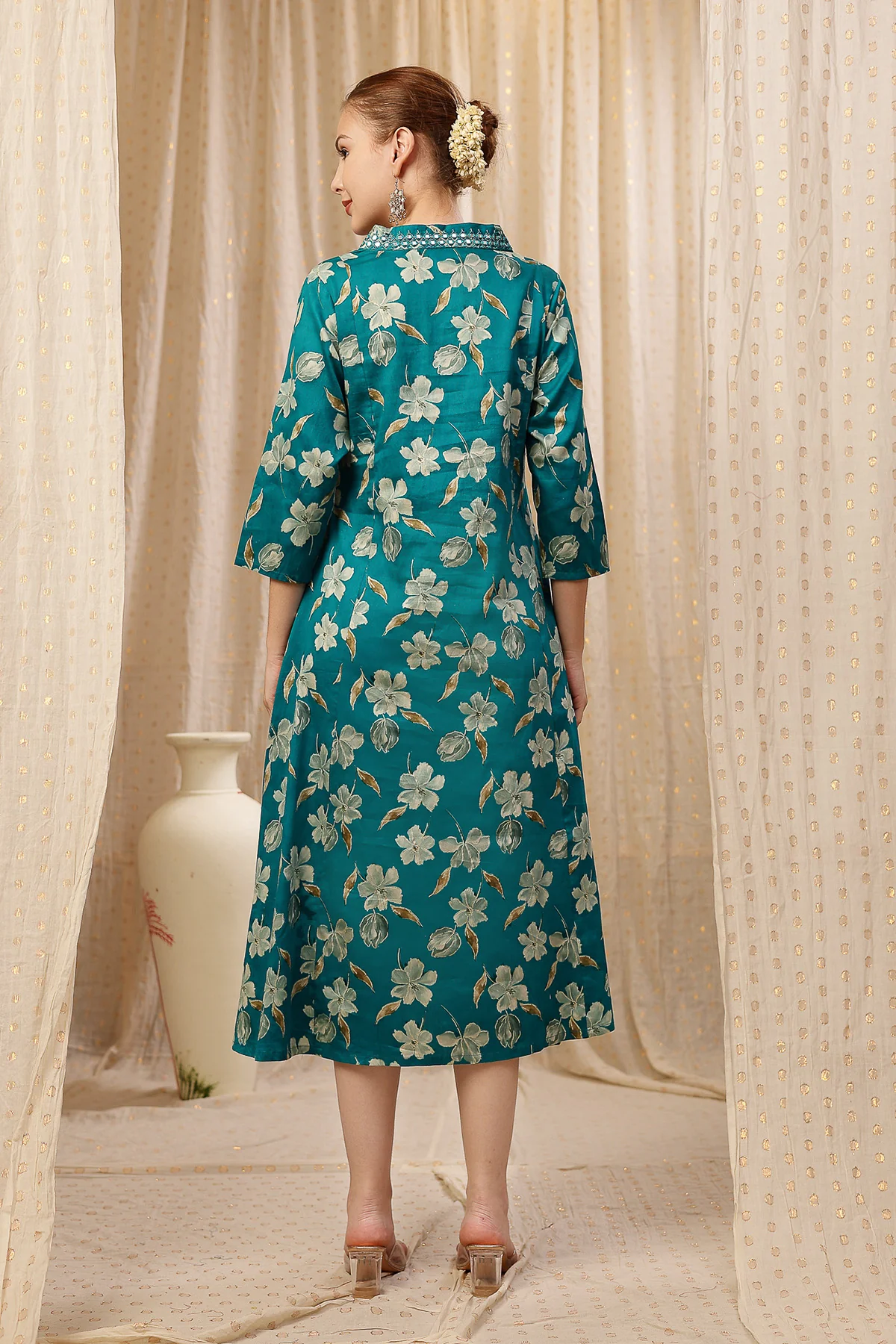 Embroidered Floral Foil Print Maternity & Nursing Kurta Set - Teal Green - Image 11