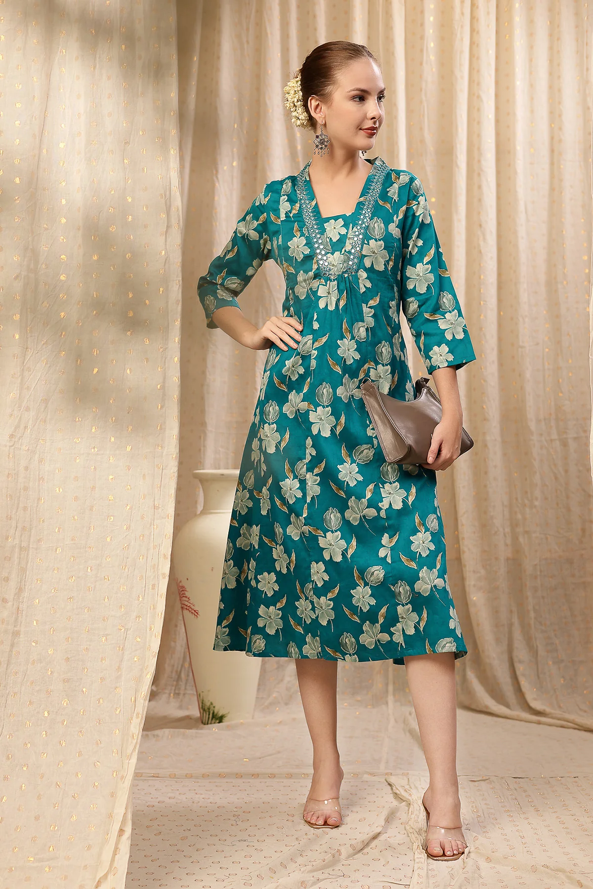 Embroidered Floral Foil Print Maternity & Nursing Kurta Set - Teal Green - Image 12