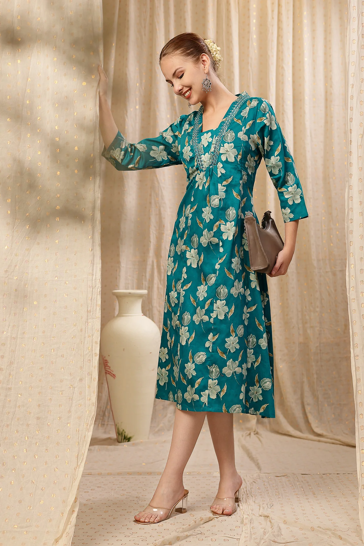 Embroidered Floral Foil Print Maternity & Nursing Kurta Set - Teal Green - Image 13