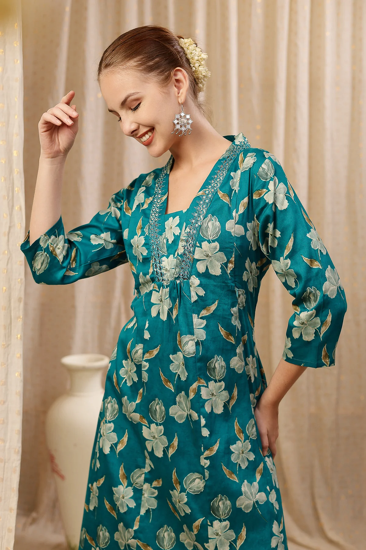 Embroidered Floral Foil Print Maternity & Nursing Kurta Set - Teal Green - Image 14