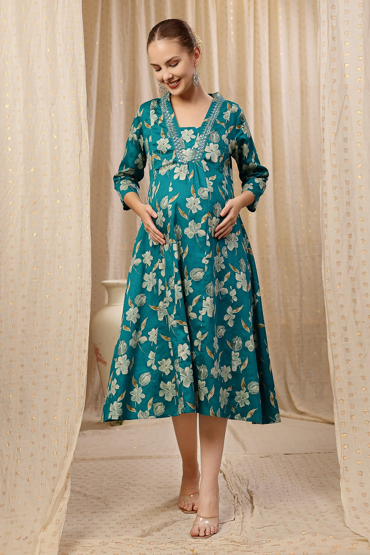 Embroidered Floral Foil Print Maternity & Nursing Kurta Set - Teal Green - Image 3