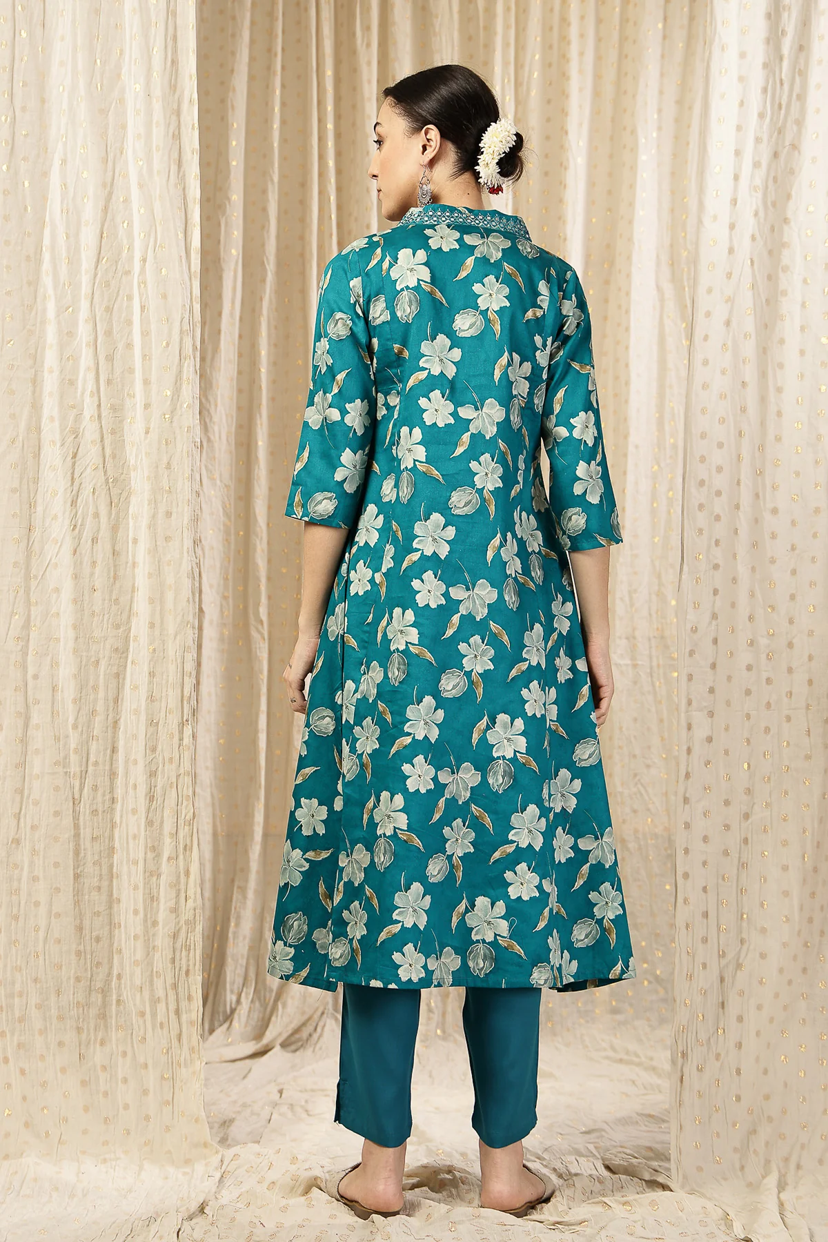Embroidered Floral Foil Print Maternity & Nursing Kurta Set - Teal Green - Image 4