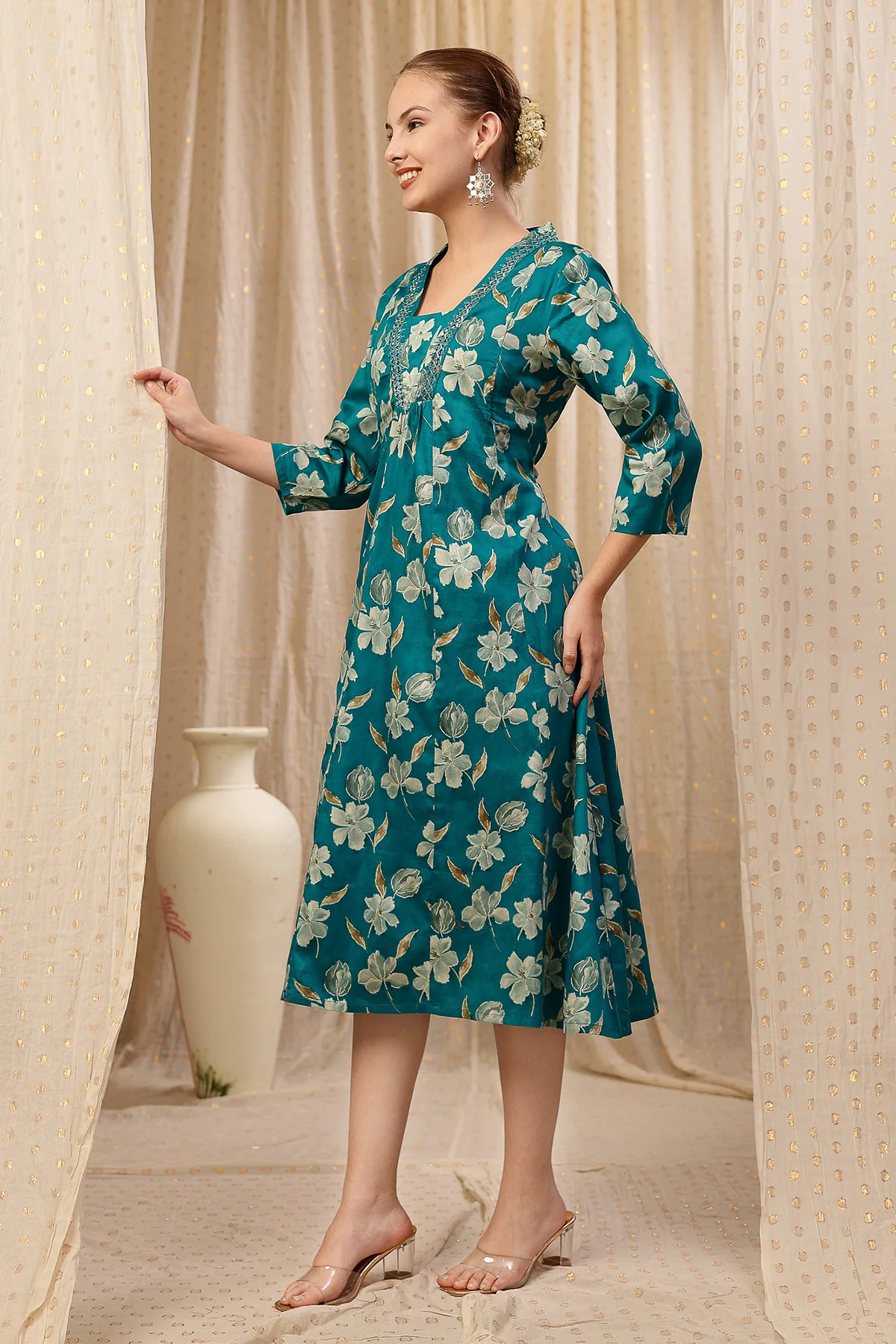Embroidered Floral Foil Print Maternity & Nursing Kurta Set - Teal Green - Image 8