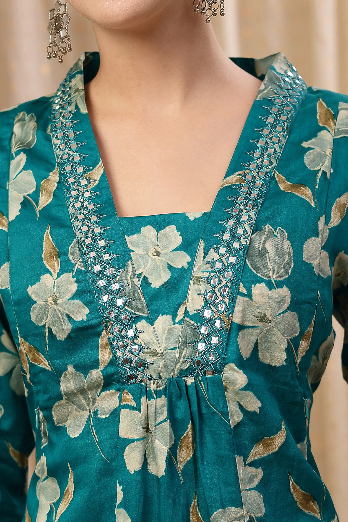 Embroidered Floral Foil Print Maternity & Nursing Kurta Set - Teal Green - Image 9