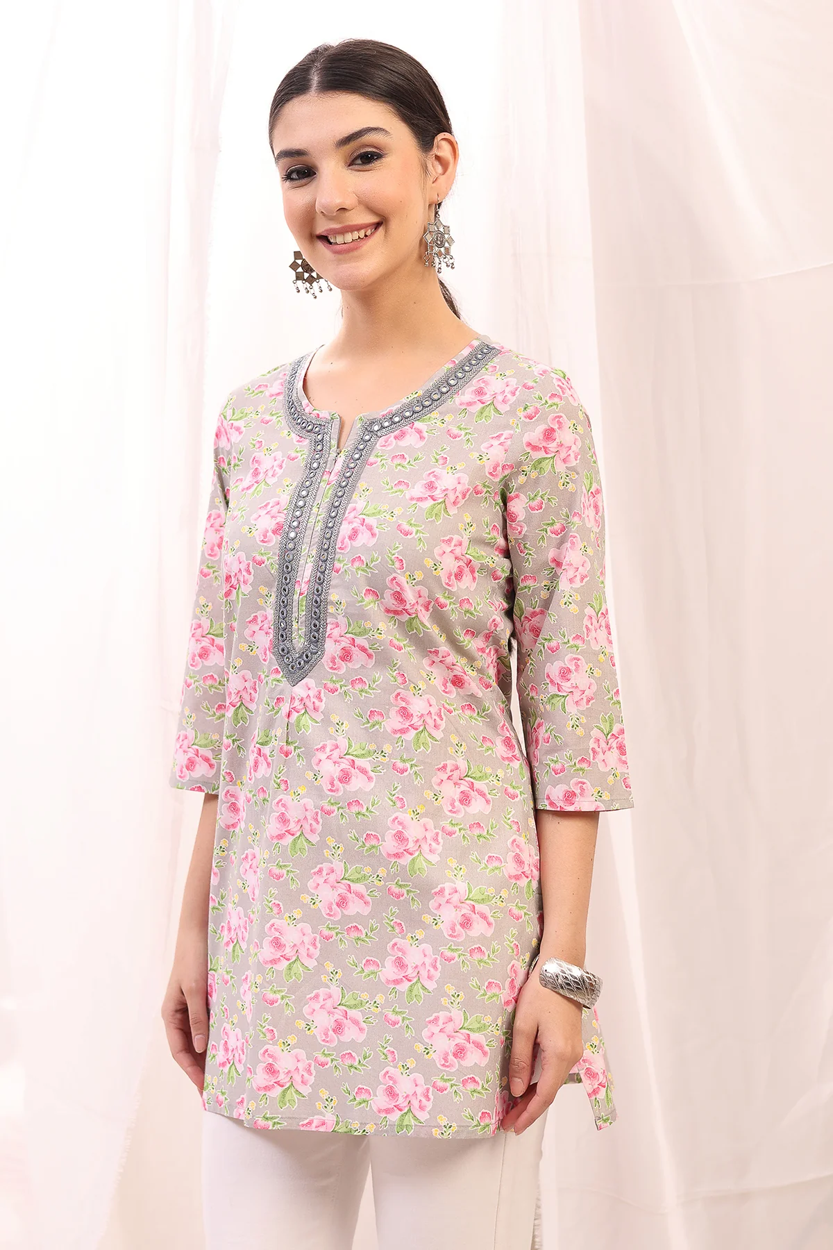 Embroidered Floral Maternity Top with Zip Feeding - Pink - Image 10