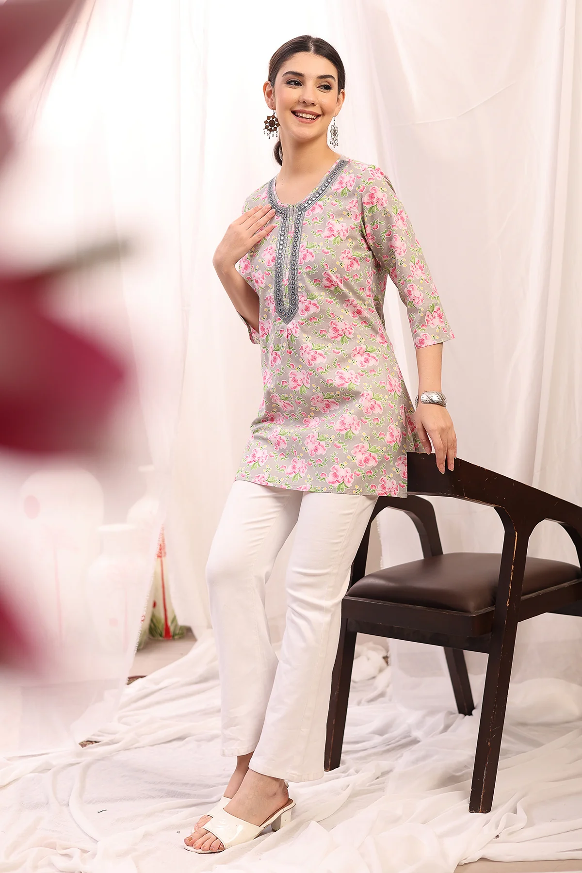 Embroidered Floral Maternity Top with Zip Feeding - Pink - Image 4