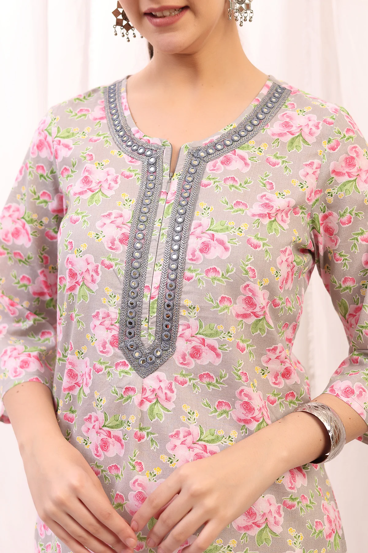 Embroidered Floral Maternity Top with Zip Feeding - Pink - Image 5