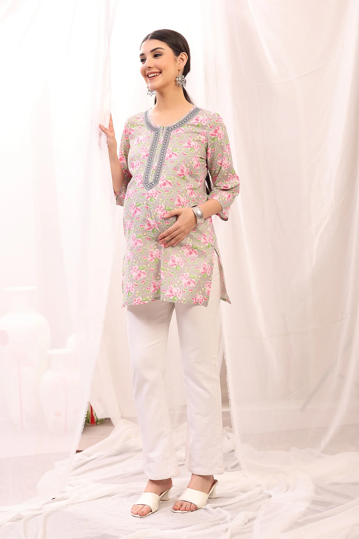 Embroidered Floral Maternity Top with Zip Feeding - Pink - Image 7