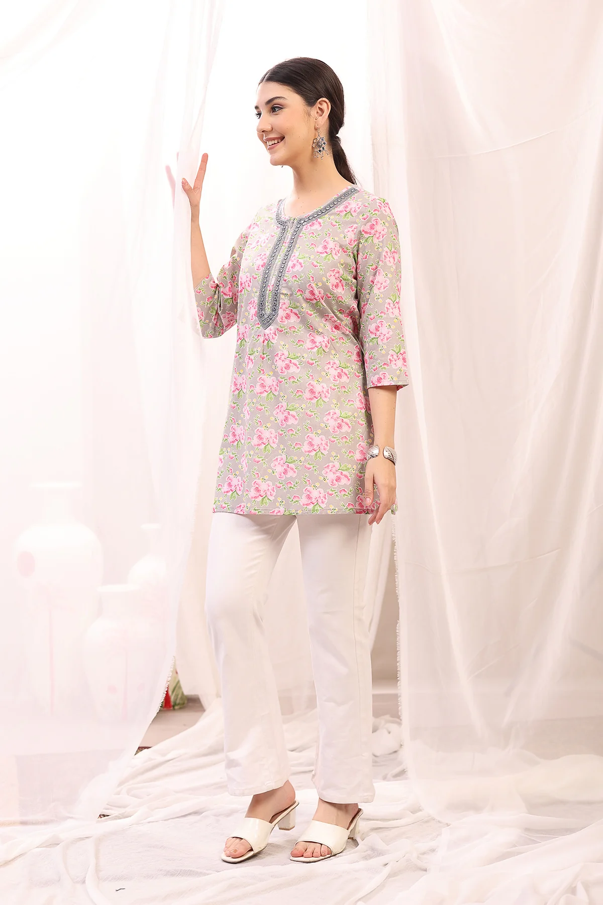 Embroidered Floral Maternity Top with Zip Feeding - Pink - Image 9
