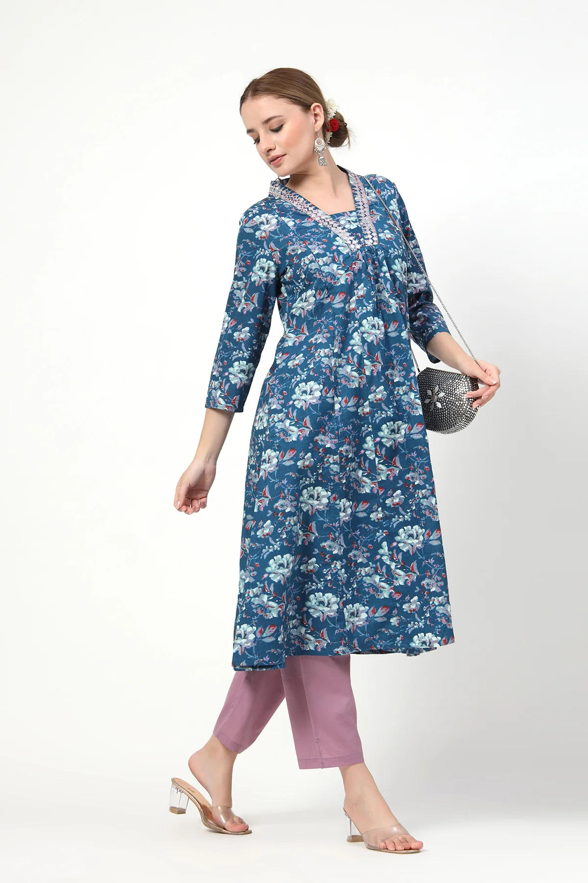 Embroidered Floral Print Cotton Maternity & Nursing Kurta Set - Multi - Image 12