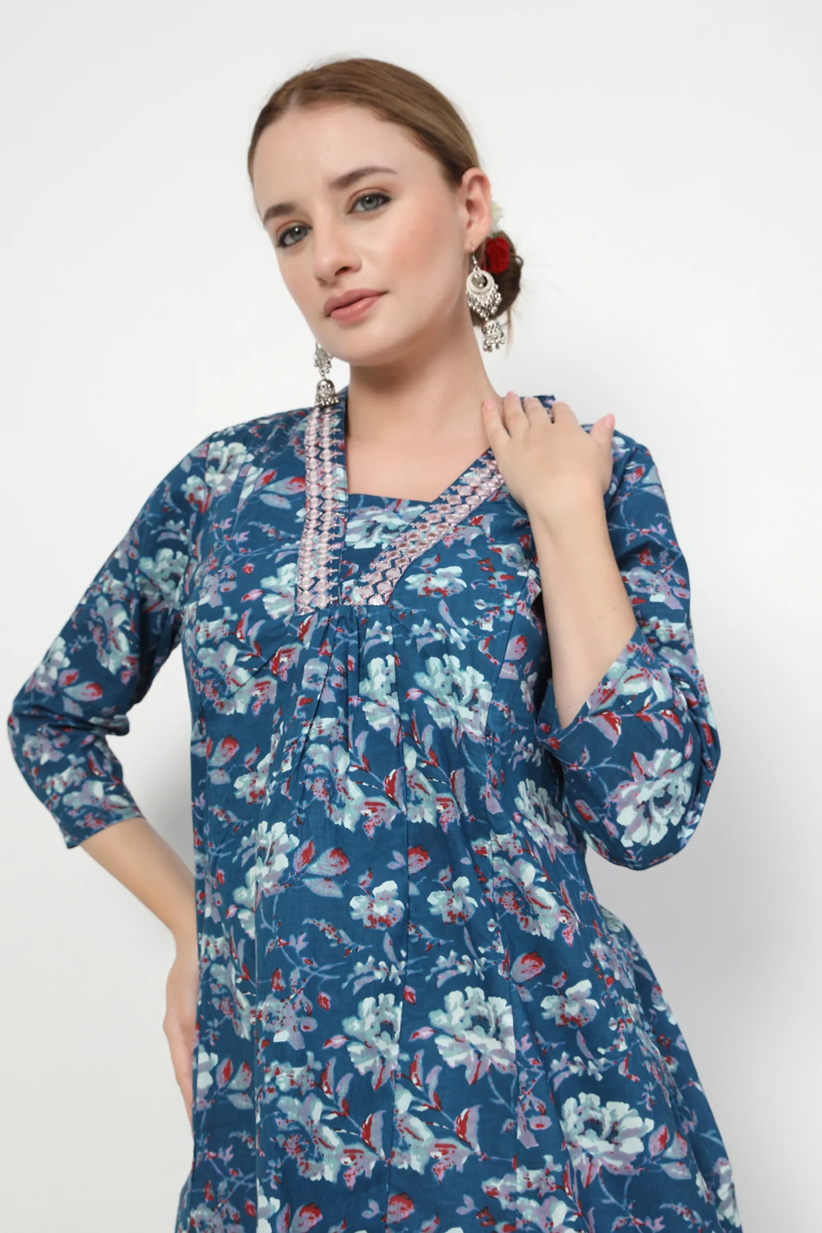Embroidered Floral Print Cotton Maternity & Nursing Kurta Set - Multi - Image 13