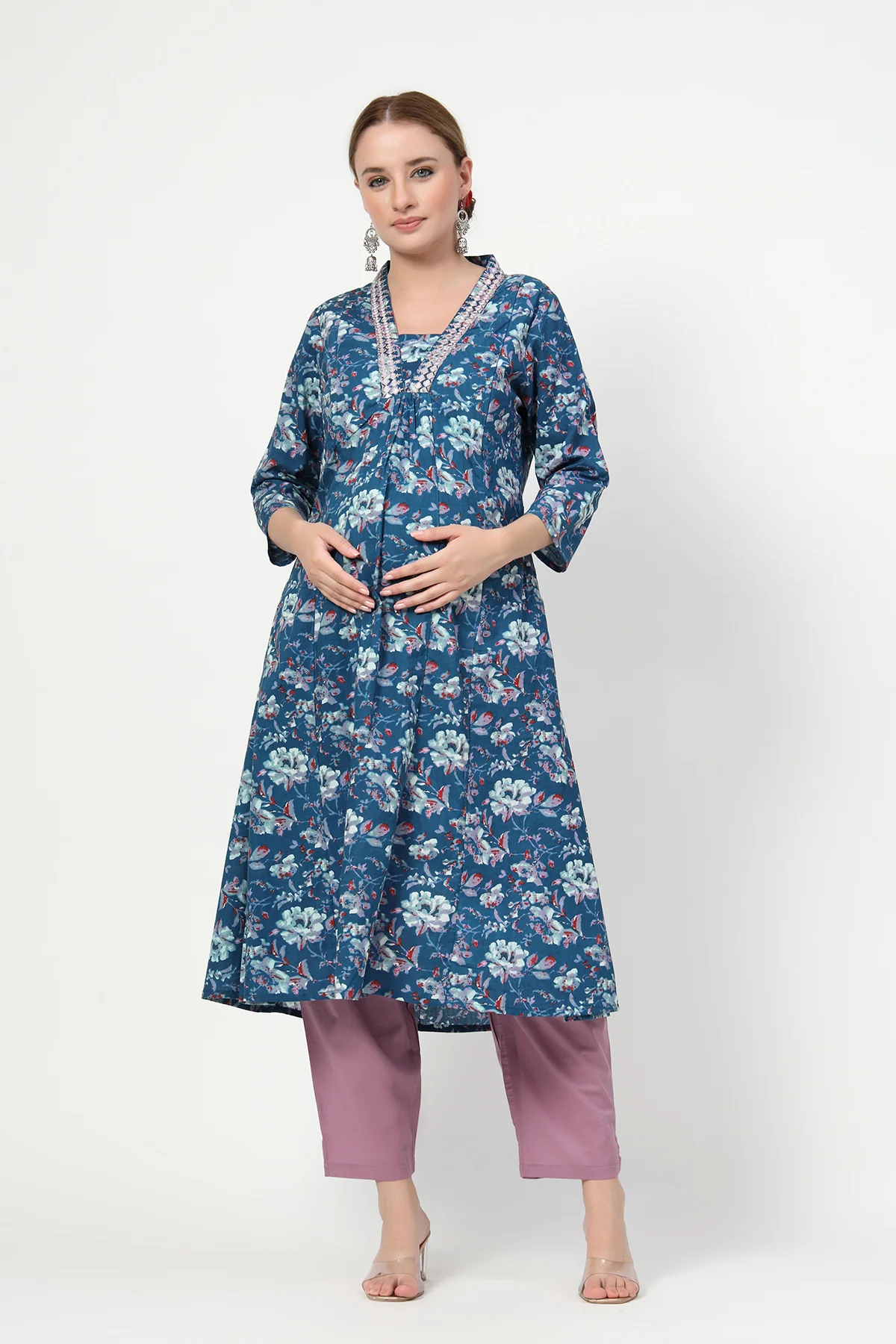 Embroidered Floral Print Cotton Maternity & Nursing Kurta Set - Multi - Image 4