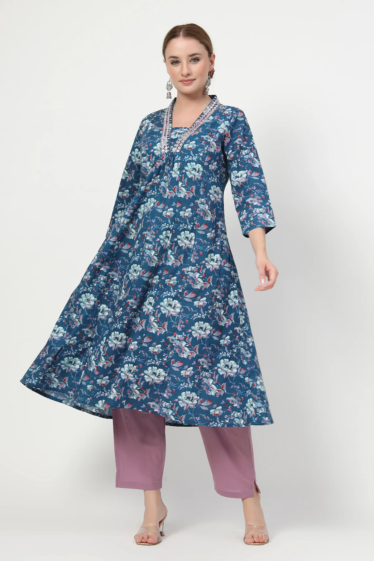Embroidered Floral Print Cotton Maternity & Nursing Kurta Set - Multi - Image 6