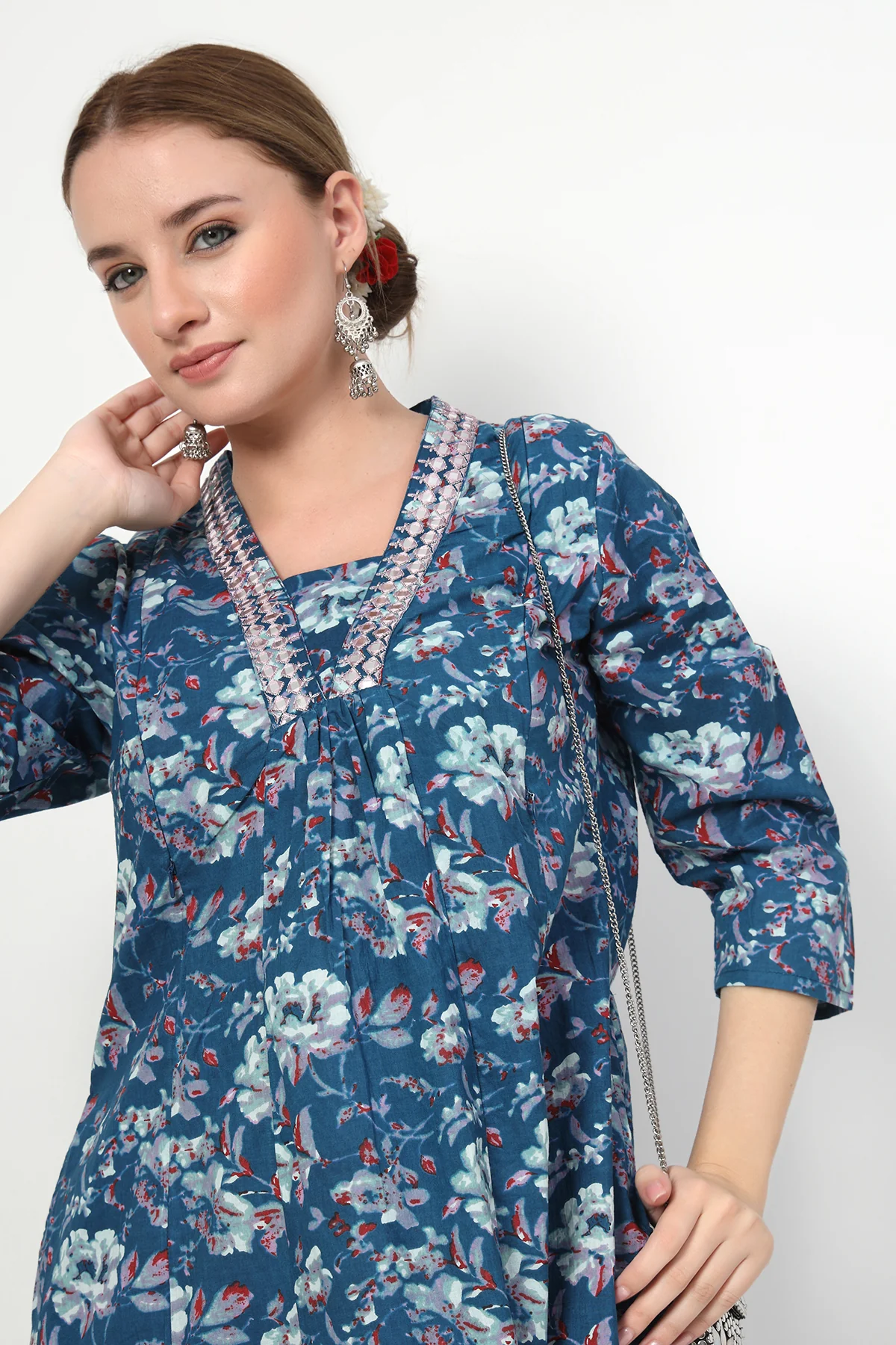 Embroidered Floral Print Cotton Maternity & Nursing Kurta Set - Multi - Image 7