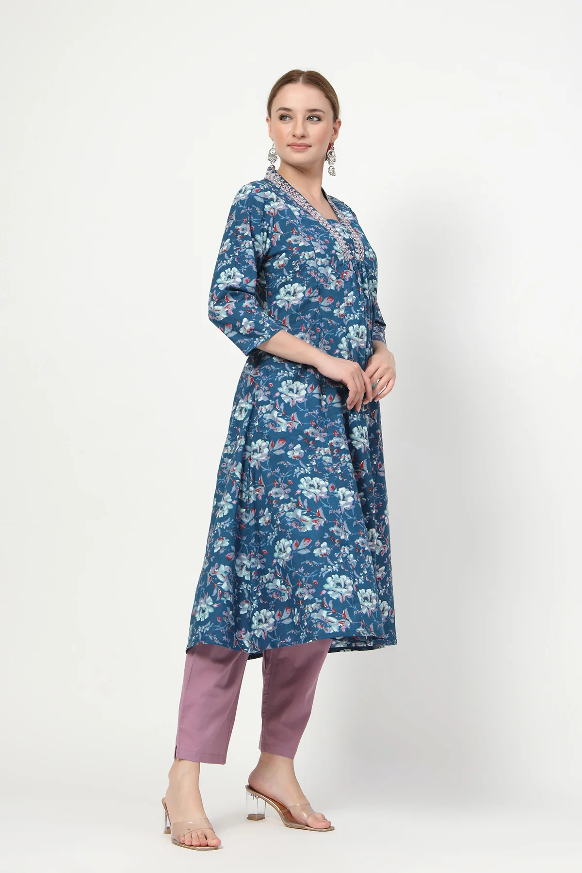 Embroidered Floral Print Cotton Maternity & Nursing Kurta Set - Multi - Image 8
