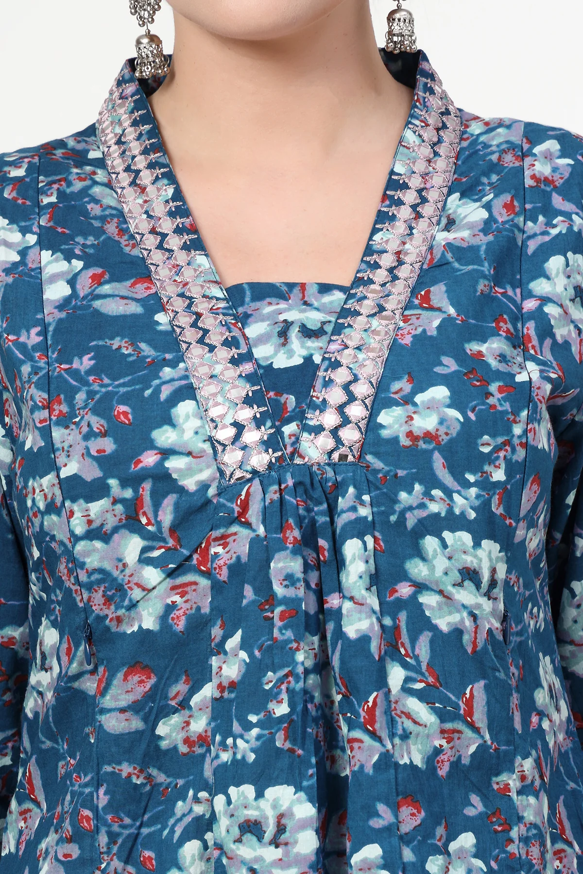 Embroidered Floral Print Cotton Maternity & Nursing Kurta Set - Multi - Image 9