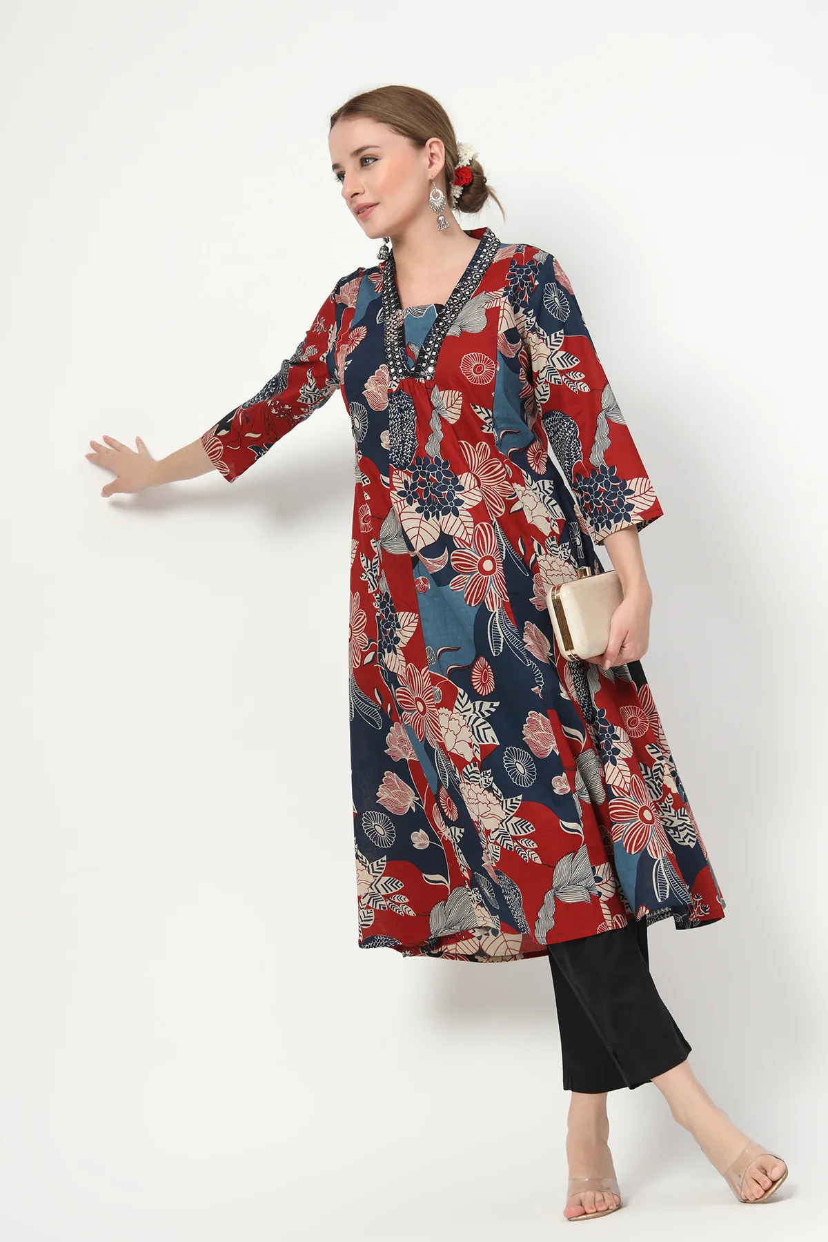 Embroidered Floral Print Cotton Maternity & Nursing Kurta Set - Navy Blue - Image 10