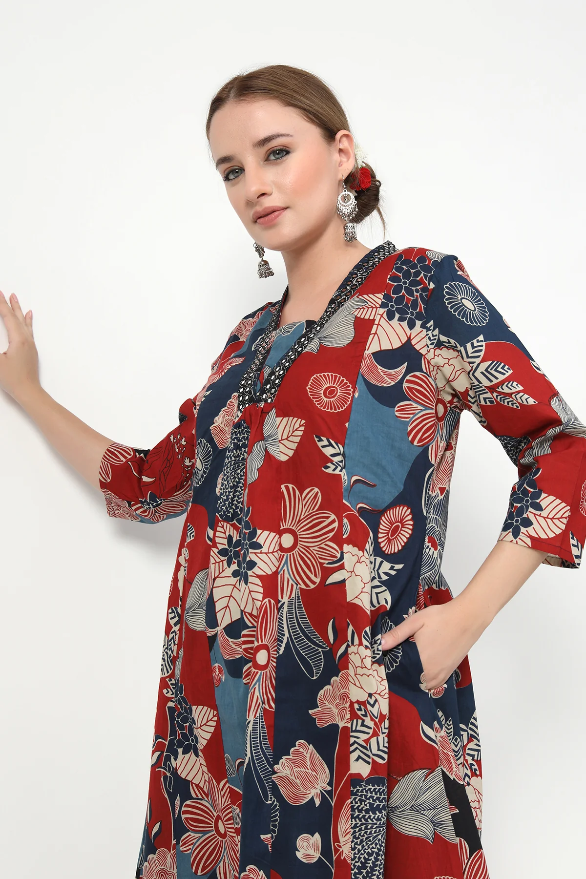 Embroidered Floral Print Cotton Maternity & Nursing Kurta Set - Navy Blue - Image 12