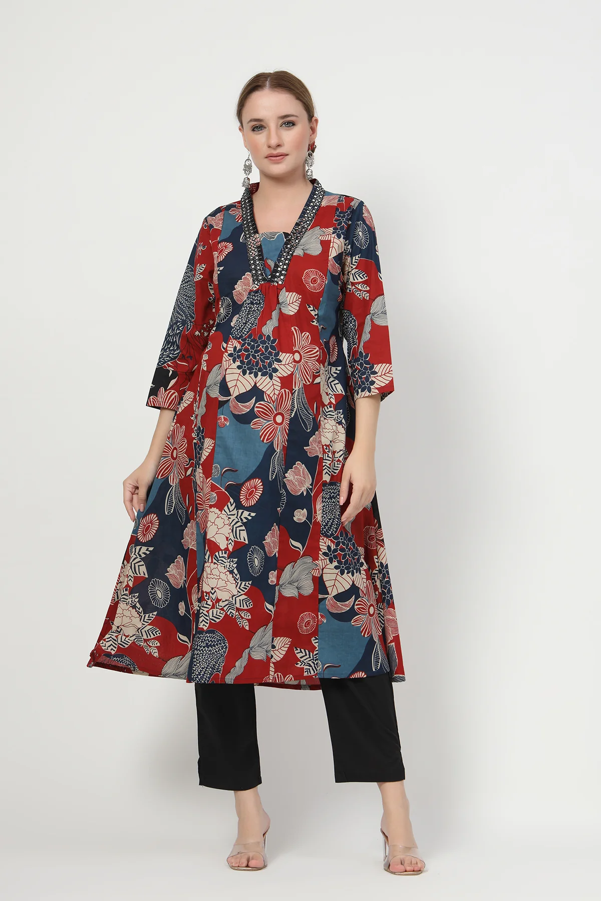 Embroidered Floral Print Cotton Maternity & Nursing Kurta Set - Navy Blue - Image 13