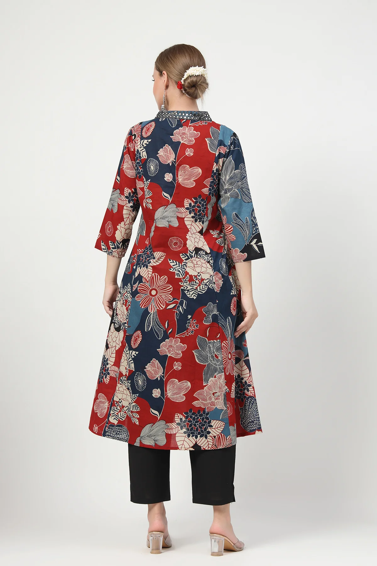 Embroidered Floral Print Cotton Maternity & Nursing Kurta Set - Navy Blue - Image 3
